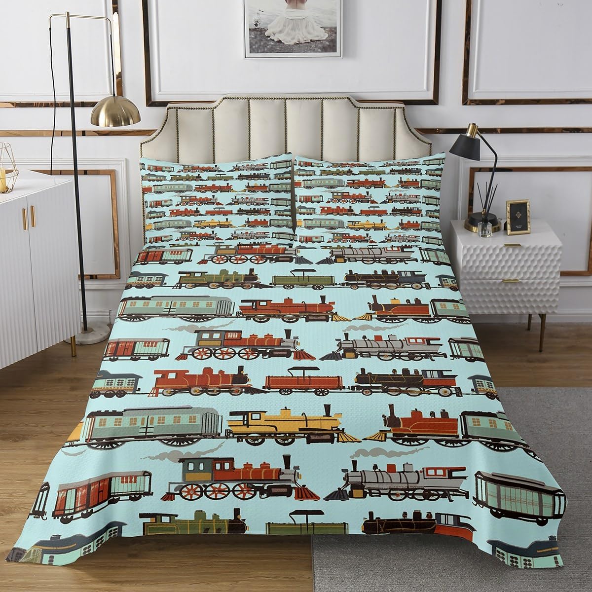 Manfei Cartoon Train Kids Bedspread Queen Size,Retro Steam Engine Train Coverlet Set,Boys Girls Room Decor,Railroad Track Transport Quilted Coverlet,Teal Boho Bedding Quilt,2 Pillowcases