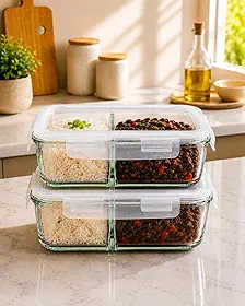 Kit 2 Potes de Vidro Hermético com Divisória 1040ml Retangular com Tampa, Vedação Anti Vazamento, Marmita Saudável, Pode Ir ao Forno, Micro-ondas, Freezer e Lava Louças