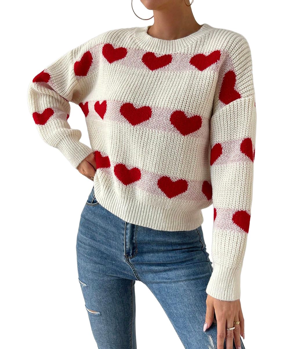 SKAYS Womens Heart Striped Sweater Cute Round Neck Drop Shoulder Loose Knit Top