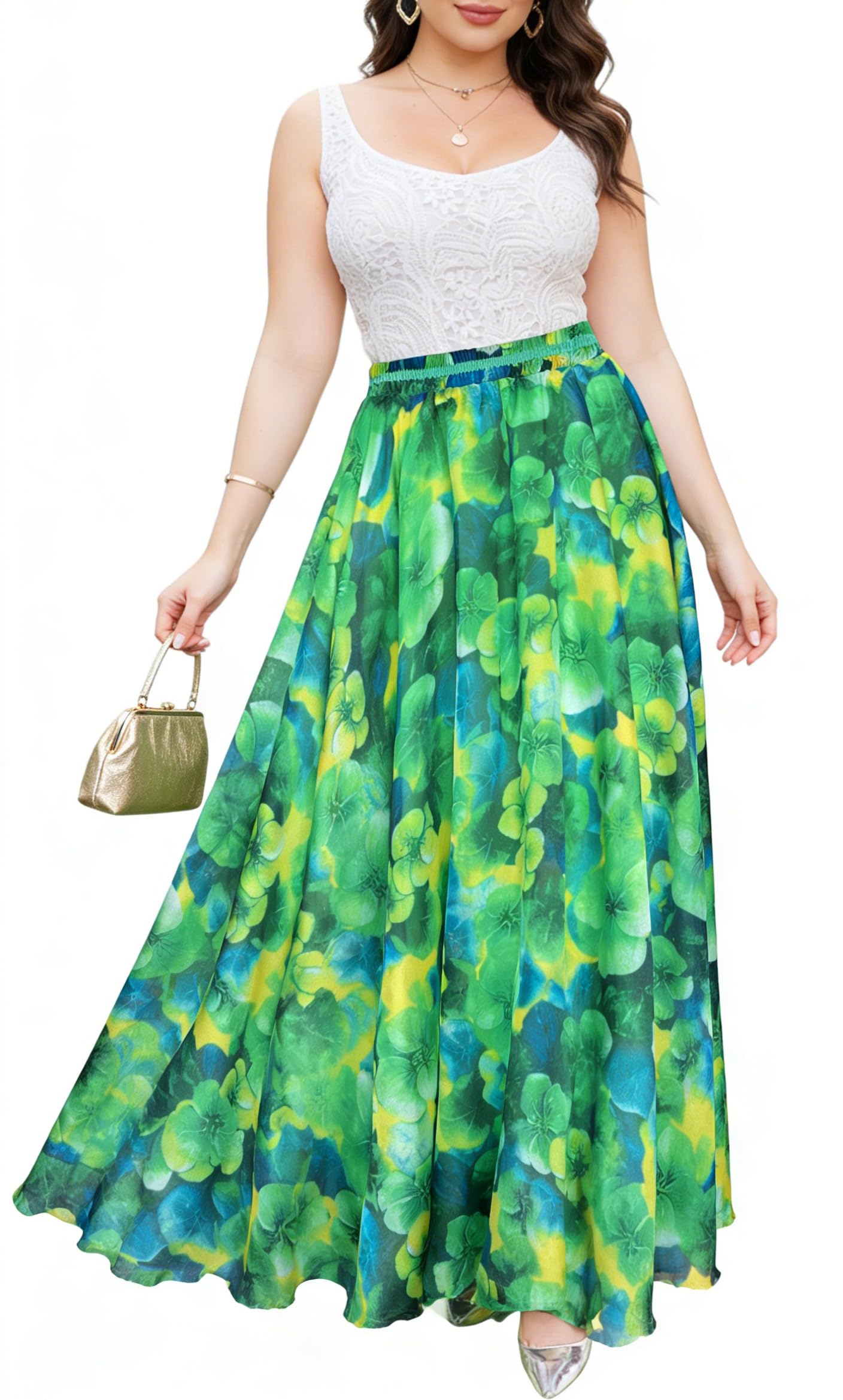 Afibi Womens Blending Chiffon Retro Long Maxi Skirt Vintage Dress