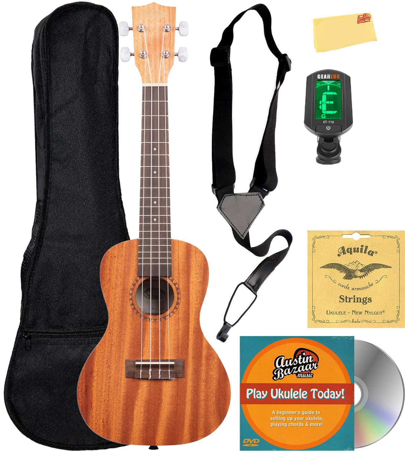 KA-15C Satin Mahogany Concert Ukulele Bundle with Gig Bag, Tuner, Strap, Strings, Austin Bazaar Instructional DVD, and Polishing Cloth