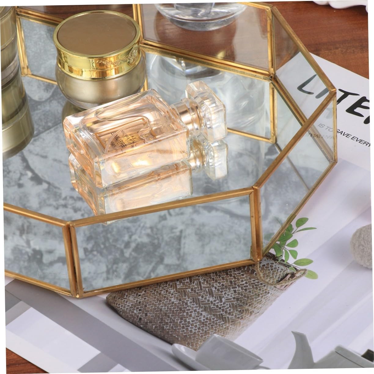 Copper Frame Mirrored Jewelry Tray Elongated Octagon Glass Organizer Vanity Decorative Tray for Bedroom Bathroom Countertop Display