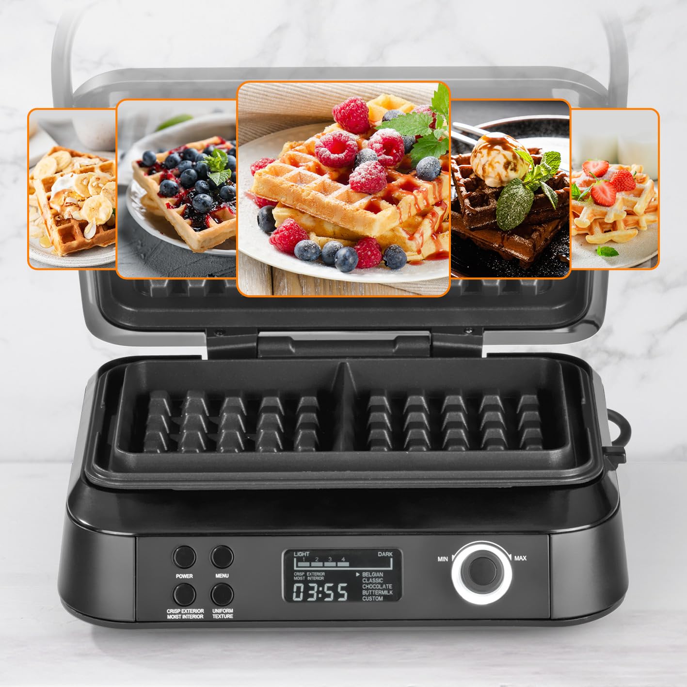 Plancha de gofres Premium en la Edición Medianoche | 1600 W | 5 programas | 7 niveles de dorado | Temporizador de cuenta atrás | Placas de calentamiento extra profundas para gofres aireados