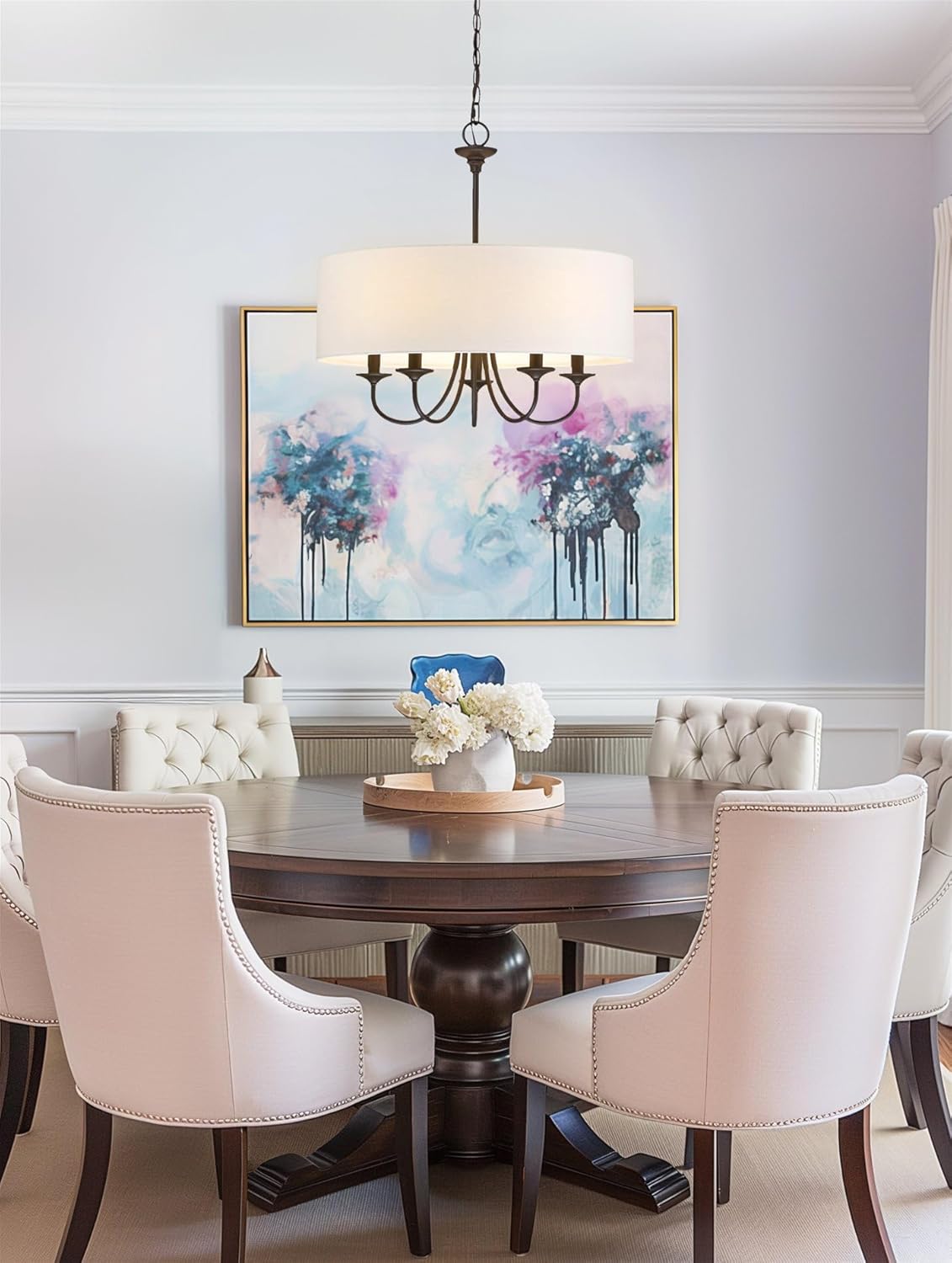 Oil-Rubbed Bronze 5-Light Chandelier with White Linen Drum Shade