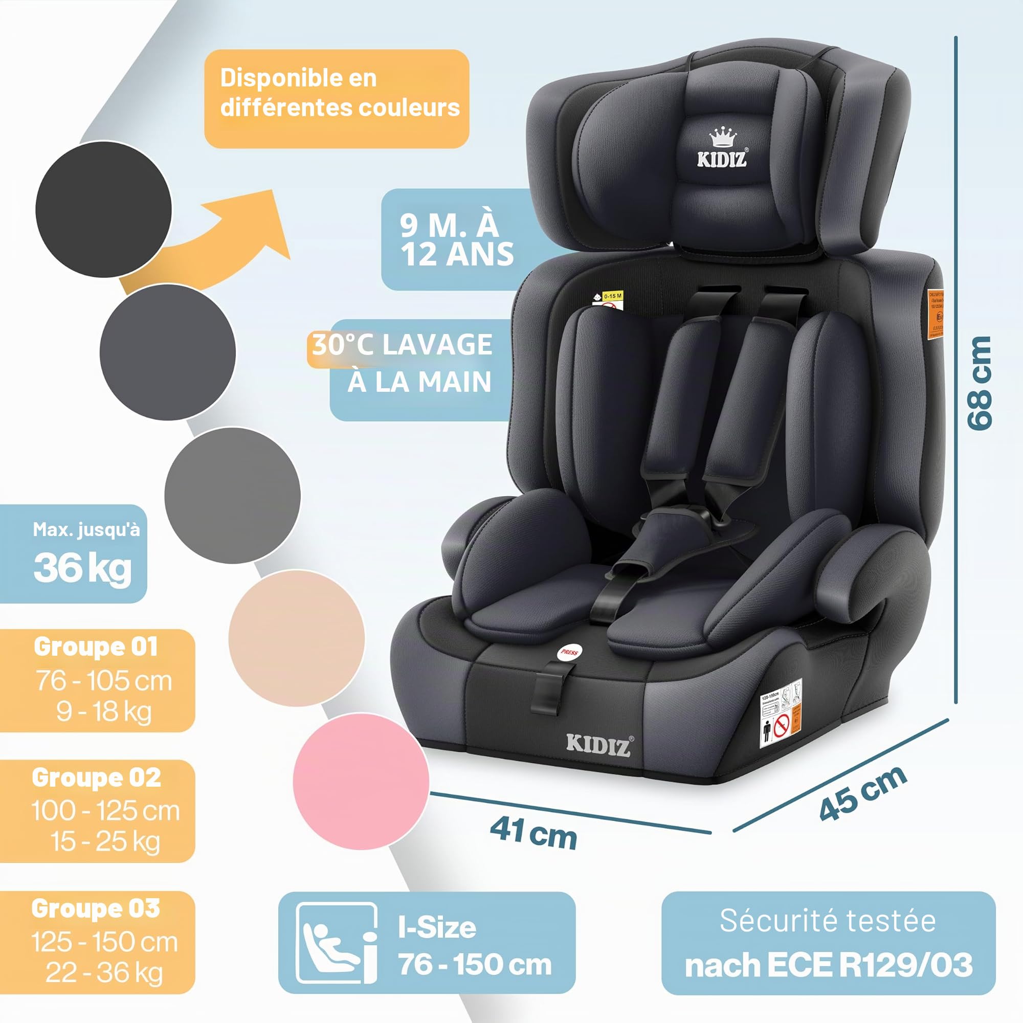 KIDIZ® i-Size R129 Siège auto pour enfant de 100 à 150 cm jusqu'à 12 ans, groupe 1/2/3 sans Isofix, siège enfant qui grandit avec le temps, ceinture 5 points et appuie-tête réglable en hauteur