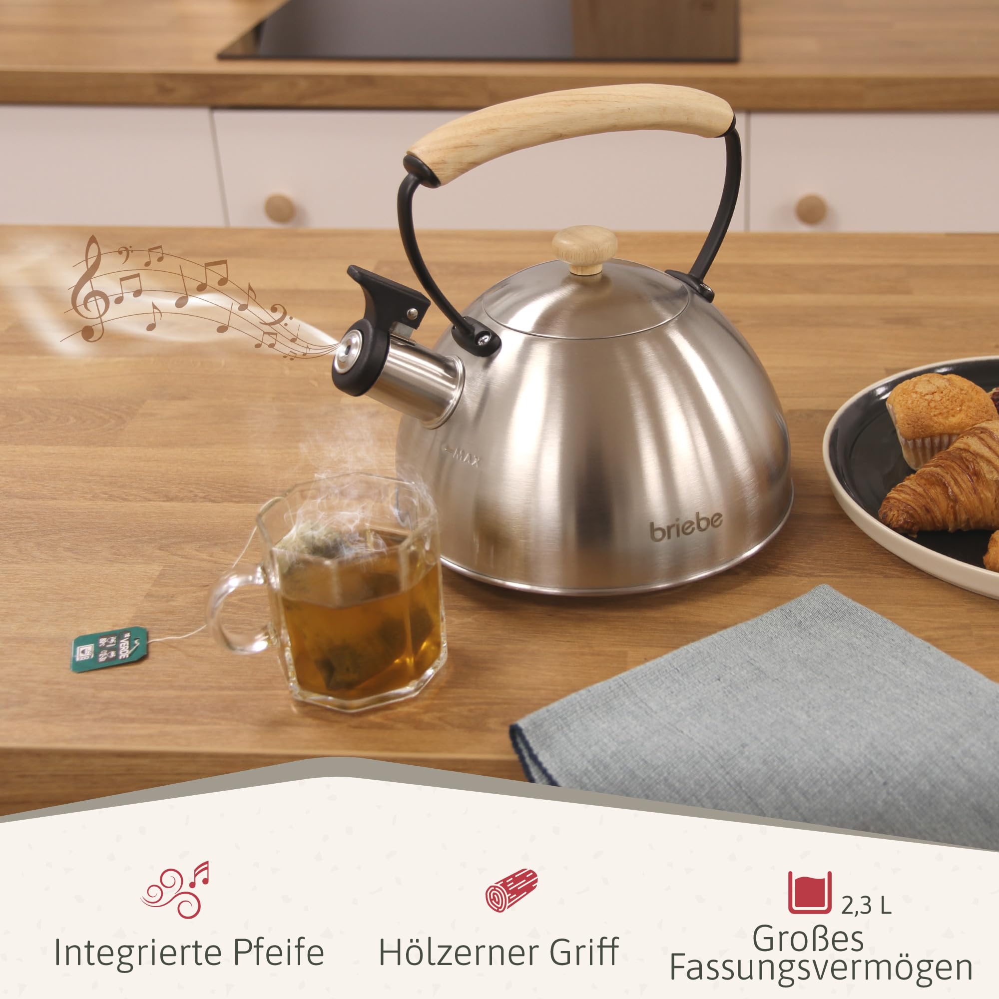 briebe Wasserkessel Induktion 2,3L, Flötenkessel, Edelstahl Teekessel Retro, Vintage Design, Alle Herdarten, GlasKeramikherd, Gas, Elektroherd, Holzgriff Cool-Touch, für Tee Kaffee, Tea pot, Inox