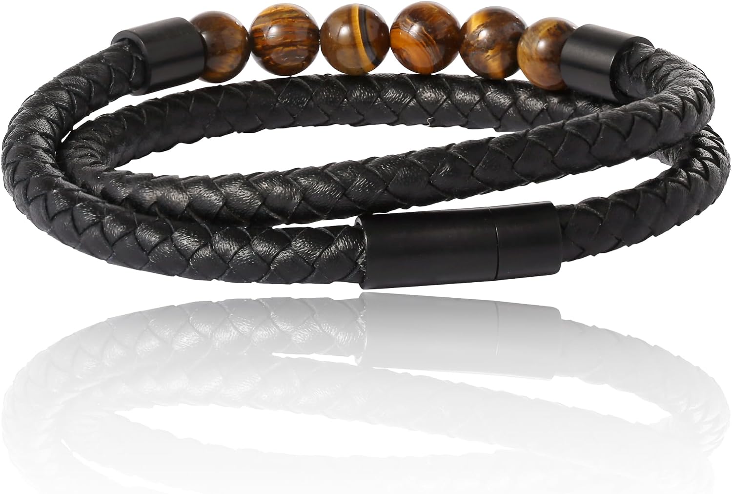 SALLY ROSE Lucky Brand Braided Cord Men's Bracelet with Tiger's Eye Beads, Stainless Steel Hardware, Gifts for Him