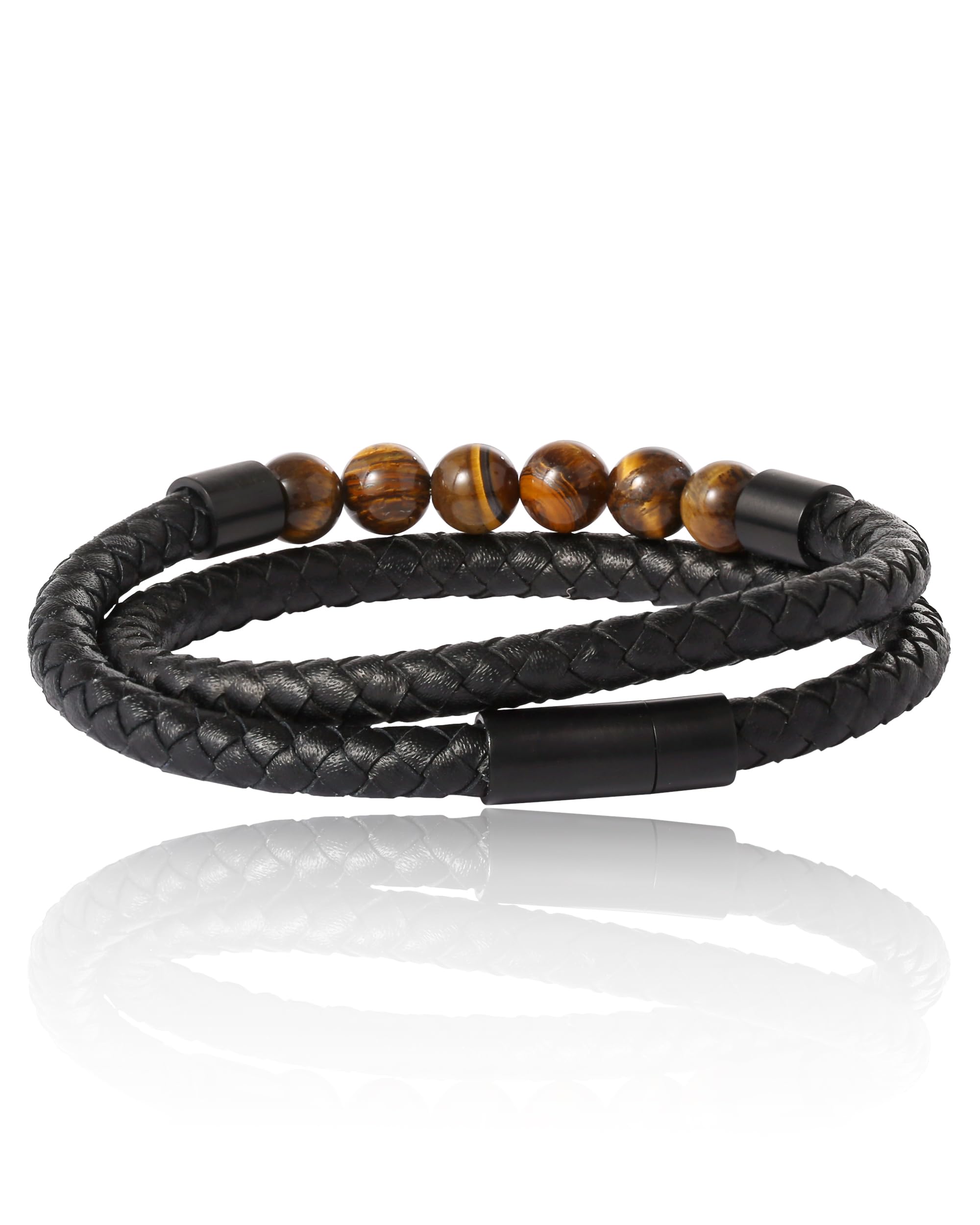 SALLY ROSE Lucky Brand Braided Cord Men's Bracelet with Tiger's Eye Beads, Stainless Steel Hardware