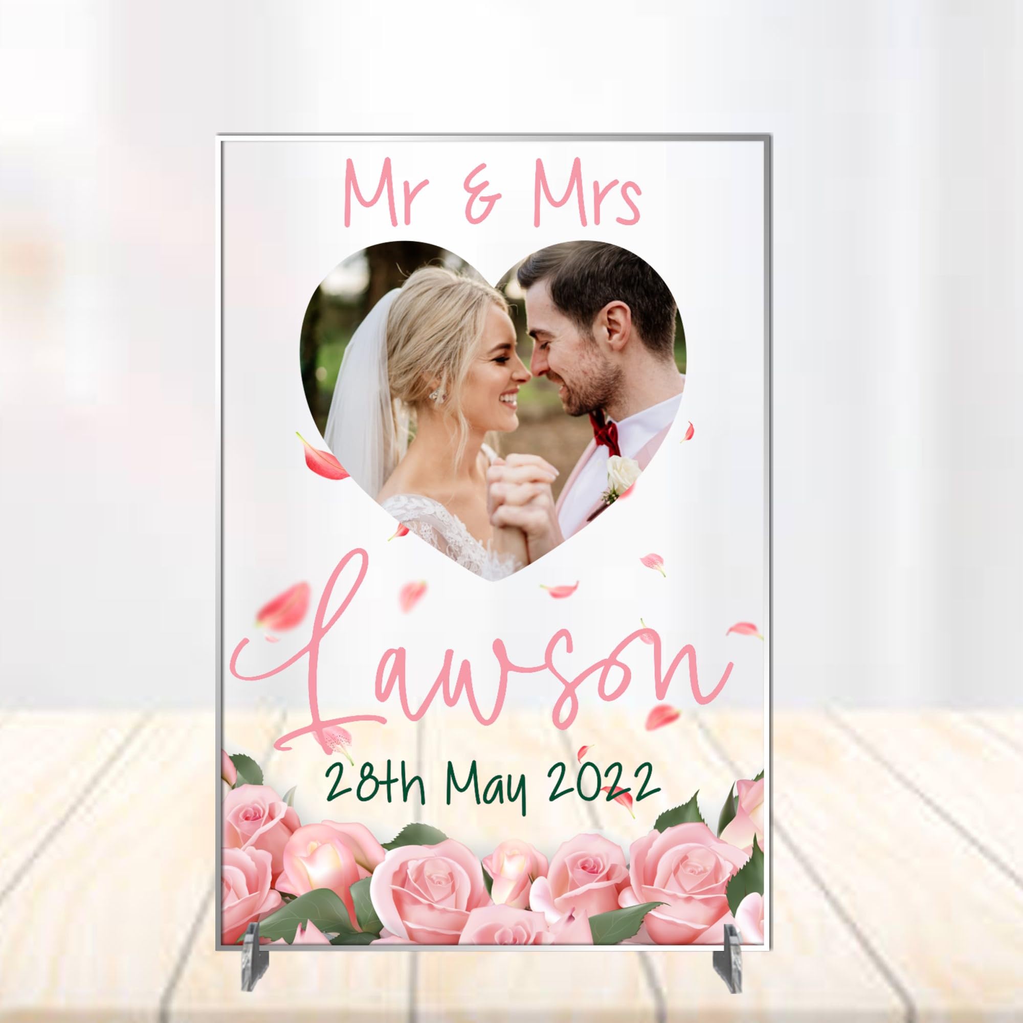 Personalised Mr & Mrs Wedding Photo Plaque - 8 Different Themes - Celebrate Everlasting Love and Memories - Wedding and Anniversary (Pink Roses, Acrylic A5 21cm x 15cm)