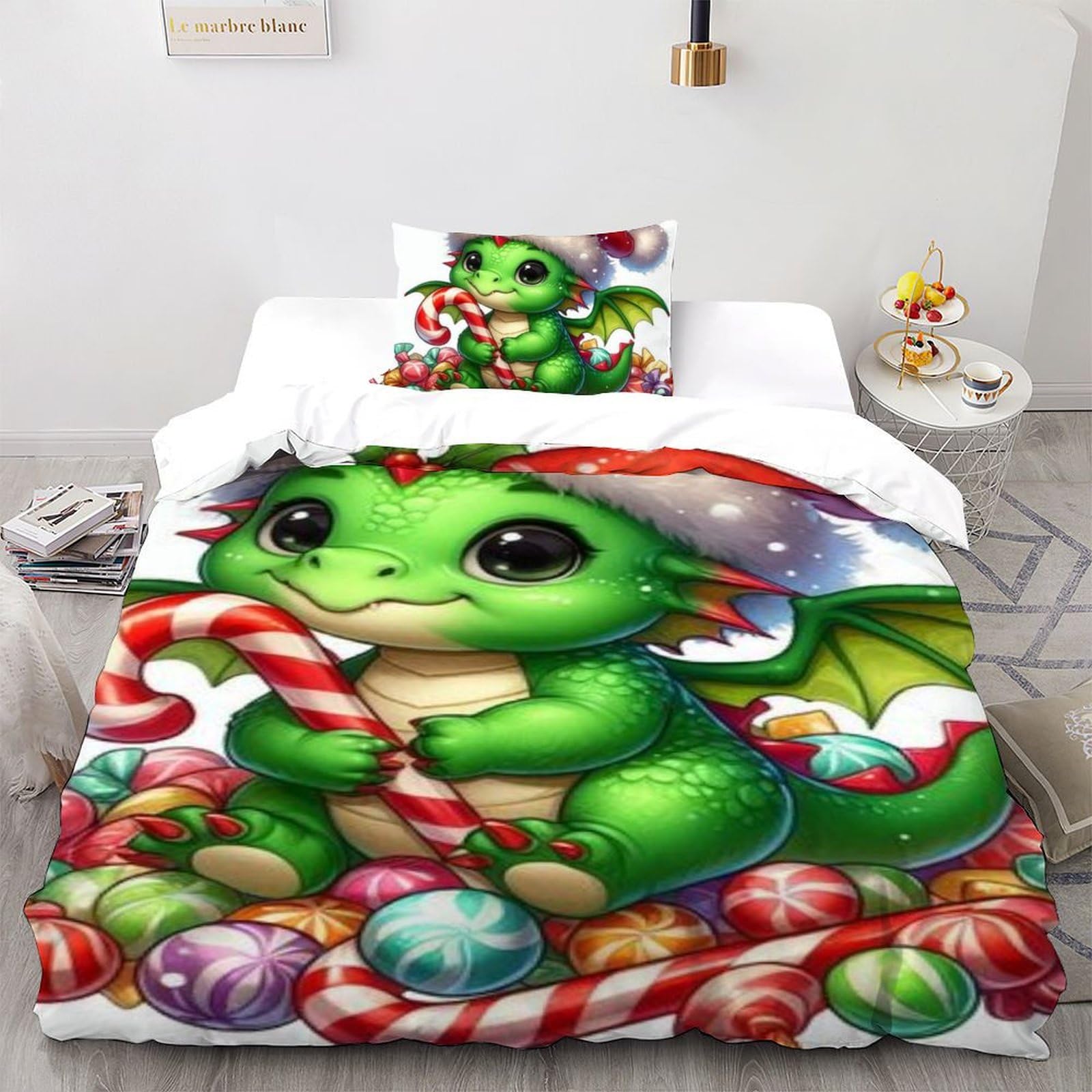 Housse de couette dinosaure vert imprimé 3D microfibre anti-plis taies d'oreiller enfant