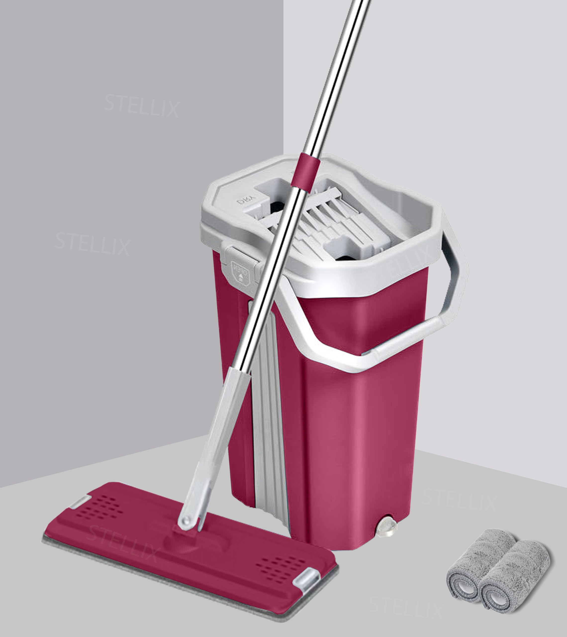 STELLIX Moppers for Cleaning Floor| Mop Bucket for Home & Kitchen| Flat Mop with Telescopic Mopping Stick| Floor Cleaners Pocha Mob for Wet & Dry Cleaning Supplies with 2 Microfiber Pad| Large Red