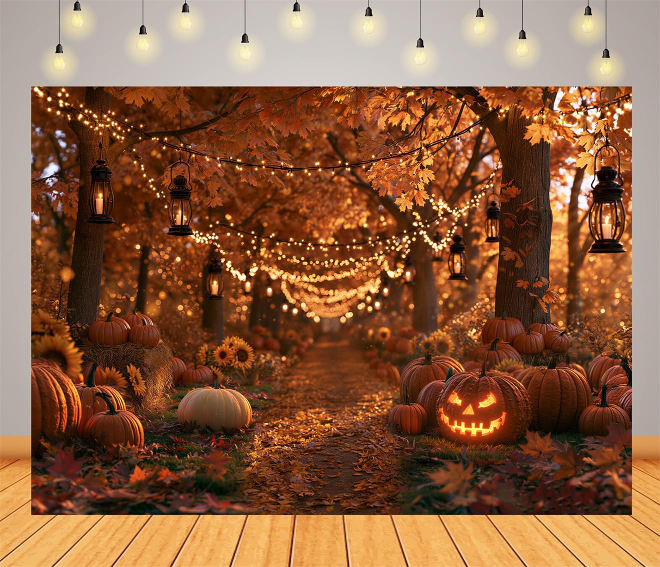 10x8FT (3x2.5m) Sentiero Di Festa Autunnale Con Zucca Sfondo Fotografico | Sentiero Festivo Nel Bosco Con Zucche Fondale In Tessuto,Lucine Lanterne,Per Feste Halloween E Foto In Costume,Photo Booth
