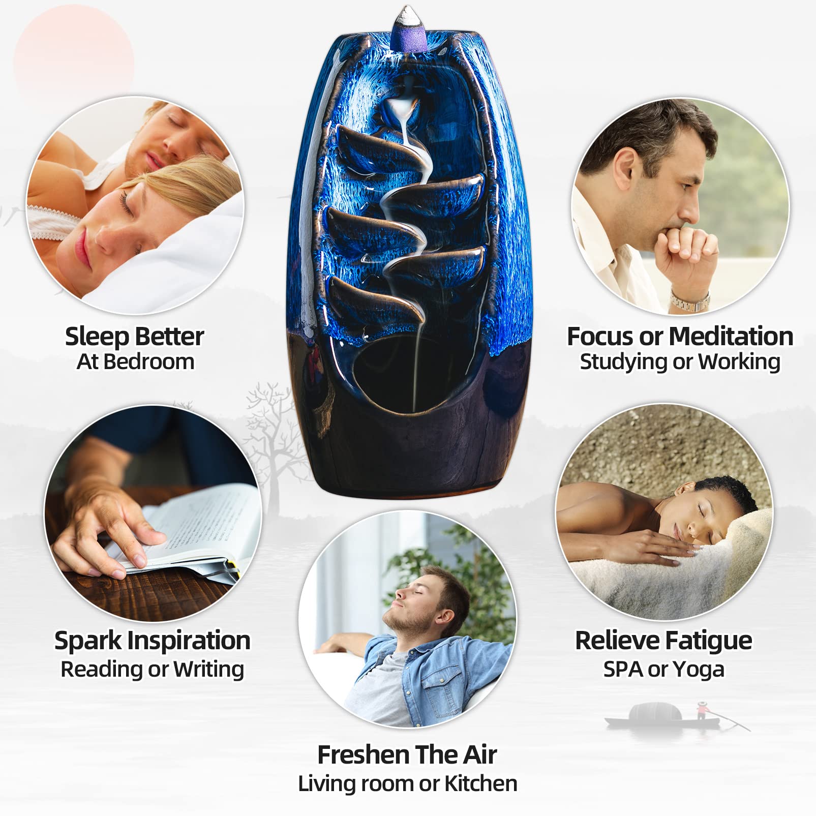 Bruciatore Di Incenso A Cascata In Ceramica Blu Con 120 Coni - Portaincenso A Riflusso Per Aromaterapia E Relax - Decorazione Zen