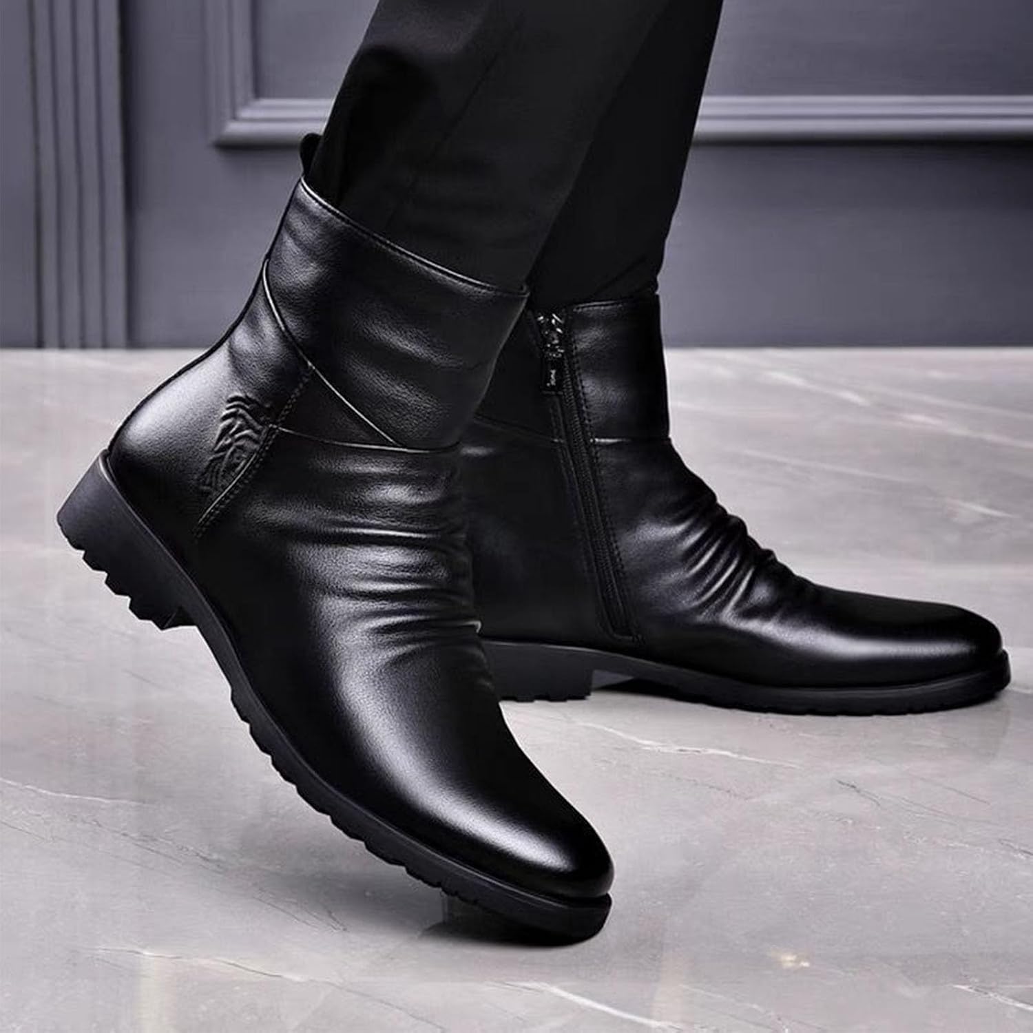 Keilinia Men's Black Leather High-top Dress Ankle Boots,Fall Winter Fashion Side Zipper Plain Toe Business Casual Short Boots
