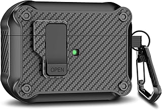 R-fun Airpods Pro 1st/2nd Generation Case Cover (2019/2022) for Men Women,Automatic Secure Lock Clip Hard Shell Rugged Protective for Apple Airpods Pro Case with Carbon Fiber Keychain-Black