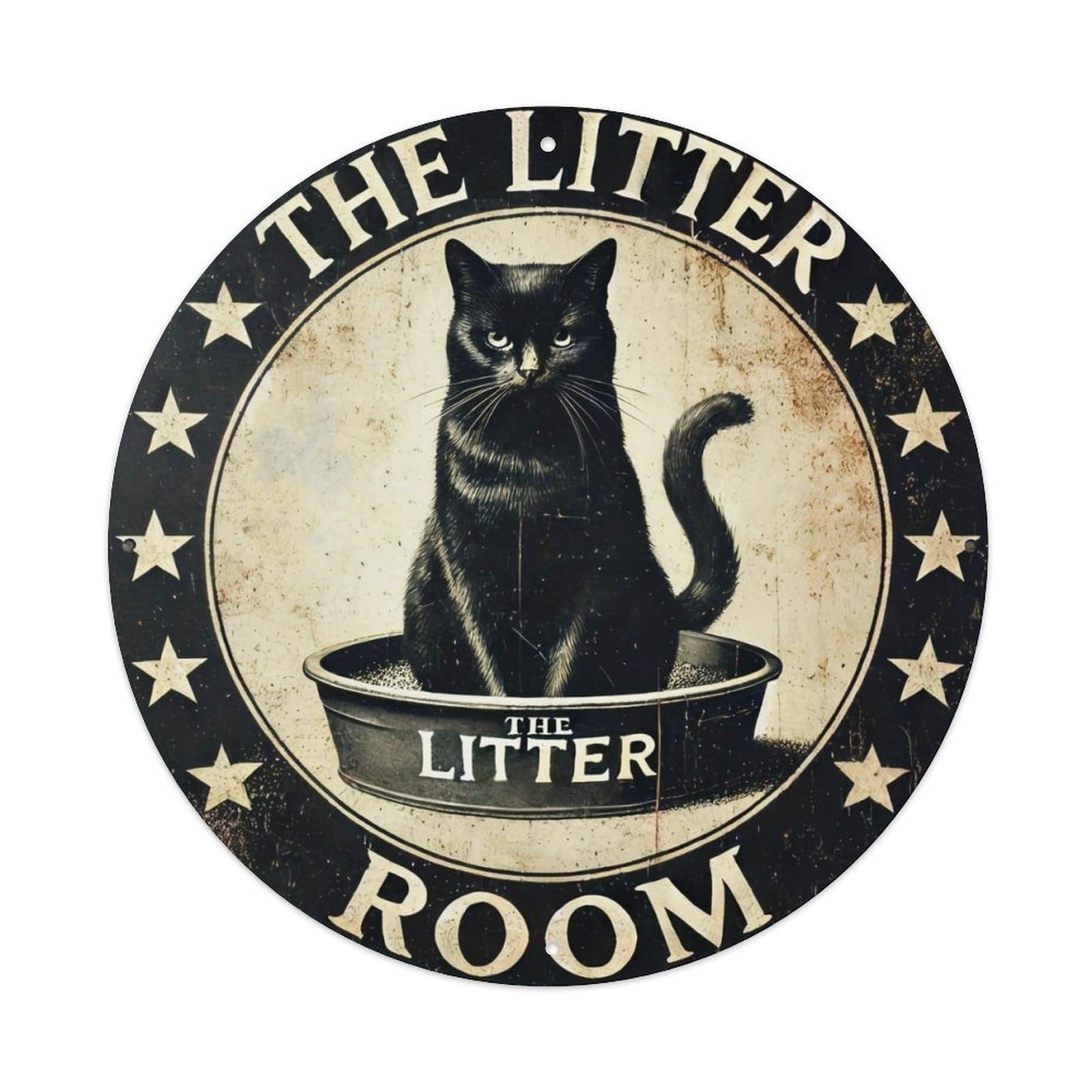 Black Cat In Litter Tray Star Border Metal Tin Sign Plaque