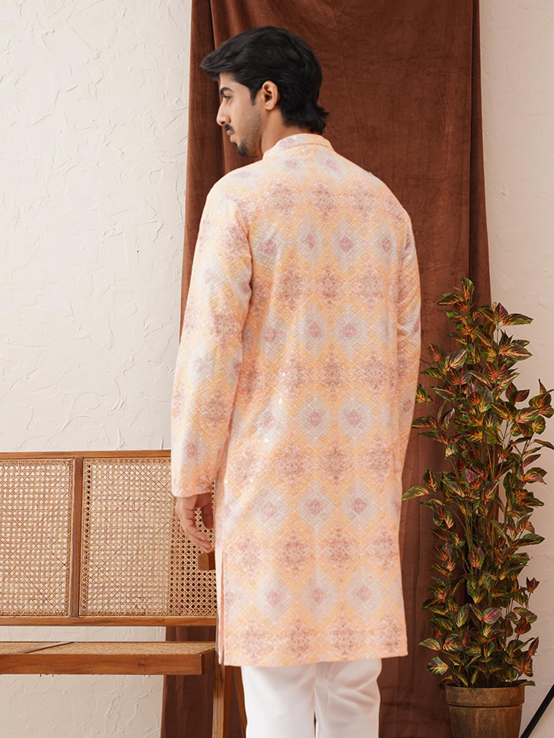 Jompers Peach Embroidered Staight Kurtas For Men (Peach, M)