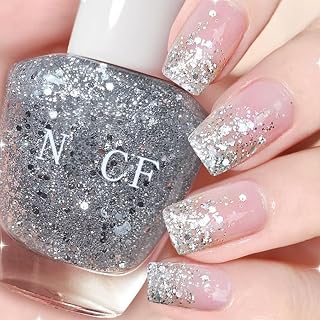 Clear Silver Glitter Nail Polish Quick Dry, Fine & Chunky Glitter Confetti Nail Polish, 15ML Transparent Sparkly Nailpolish for Women & Girls, Air Dry No UV Light Needed