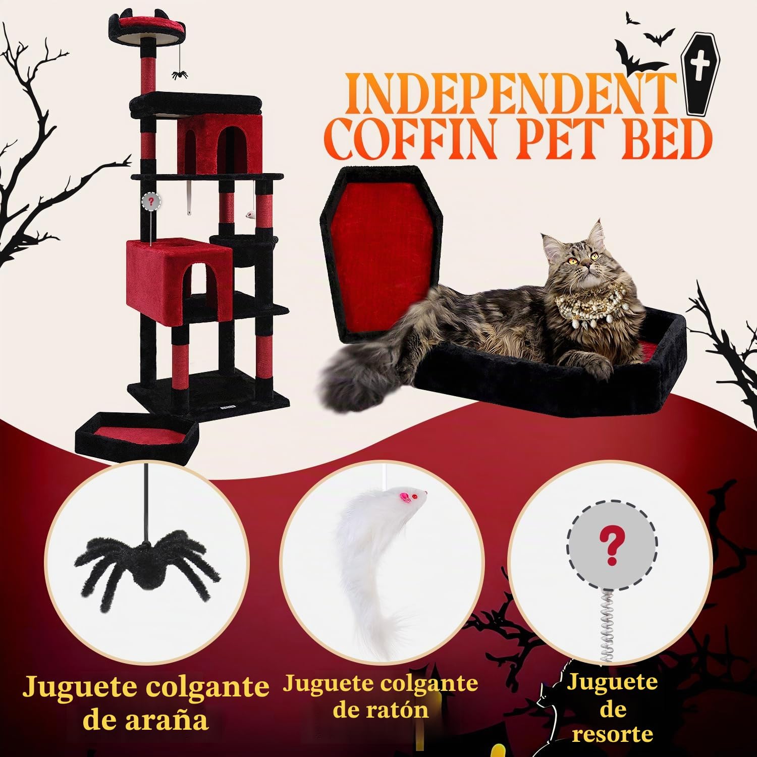 Globlazer Árbol Rascador para Gatos Gótico Negro Rojo, Árboles para Gato Alto 183 cm con Cama Ataúd Nidos Plataformas Cesta, Clásico Torre para Gatos Grandes Adultos Descansar Jugar (S72, Gótico)