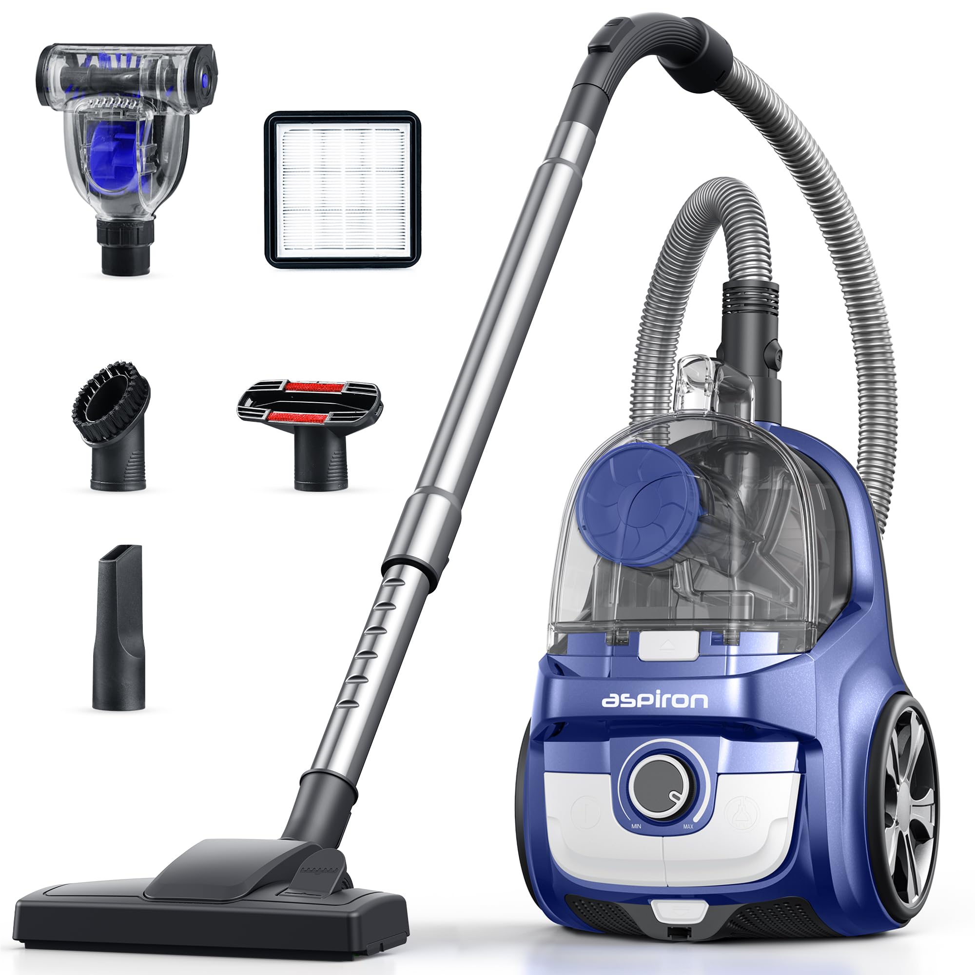 Aspiron Canister Vacuum Cleaner, 30Kpa Bagless Vacuum Cleaners, 3.7QT Large Dust Cup, Double HEPA Filter, Retractable Cord, 1600W Lightweight Vacuum Cleaner with 5 Tools for Hard Floors, Indigo