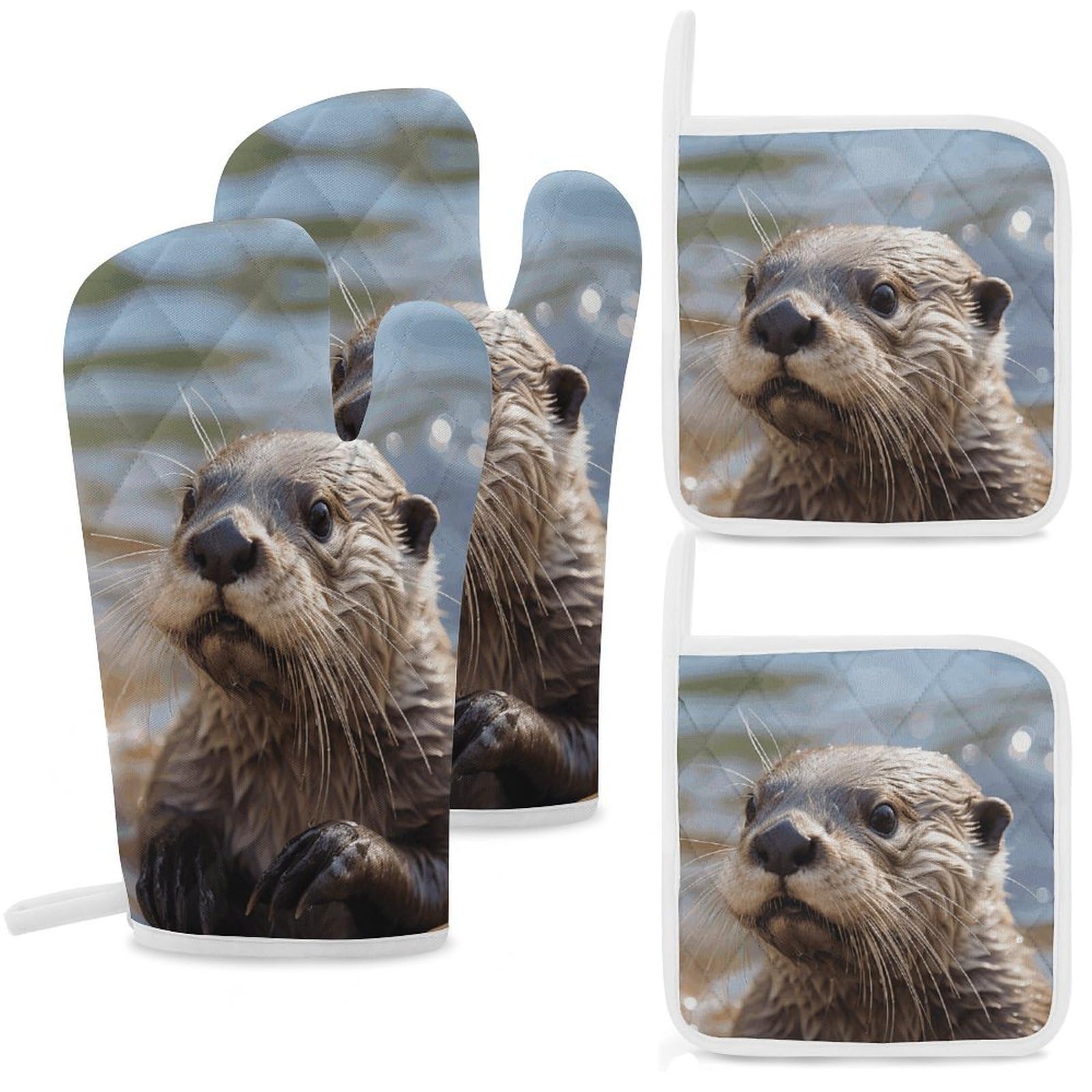 Otter Playing in The Water Oven Mitts and Pot Holders Sets Heat Resistant Oven Glove with Hanging Loop for Baking Cooking BBQ Thicken Potholders for Kitchen