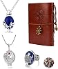 YouU 24 pcs The Vampire Diar.s Jewelry Set Vintage Leather Writing Journal Notebook Daywalking Katherine Sapphire Crystal Pendant Necklaces Damon's Ring Movie Stickers