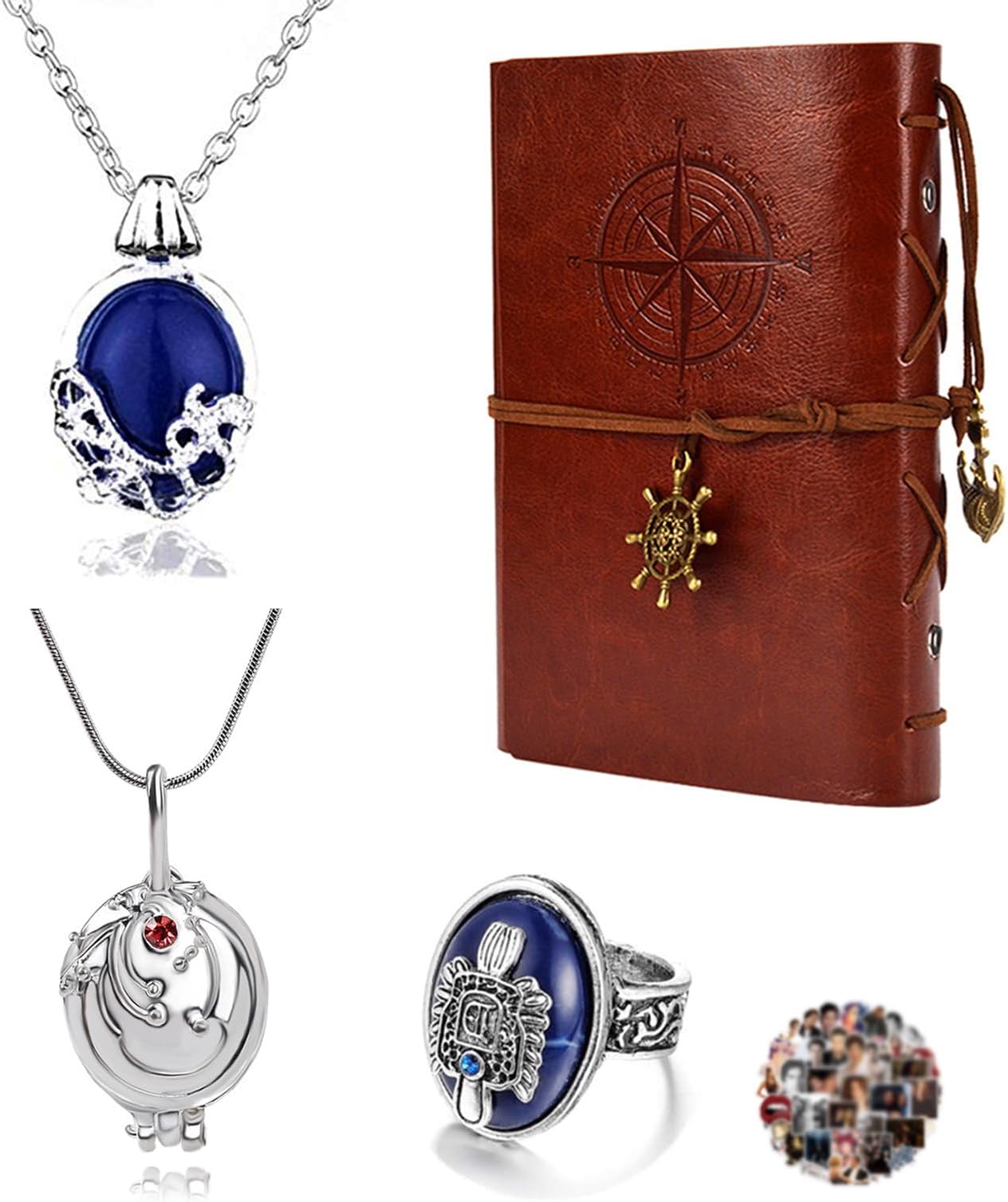 24 pcs The Vampire D.rs Jewelry Set Vintage Leather Writing Journal Notebook Daywalking Katherine Sapphire Crystal Pendant Necklaces Family Crest Ring Movie Stickers