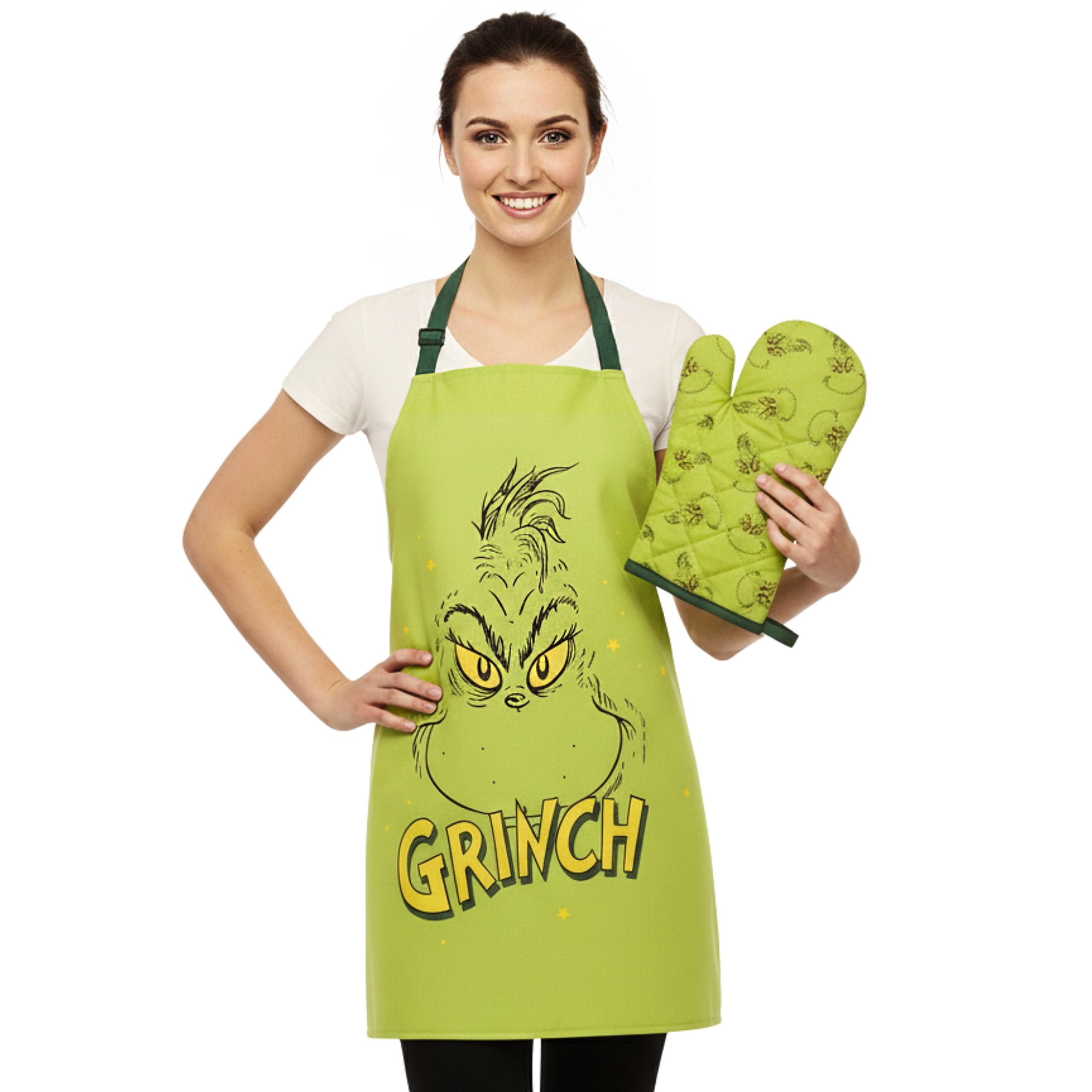 sarcia.eu Grinch 2en1 Set de cuisine de Noël : tablier réglable + gant, ensemble vert pour cadeau