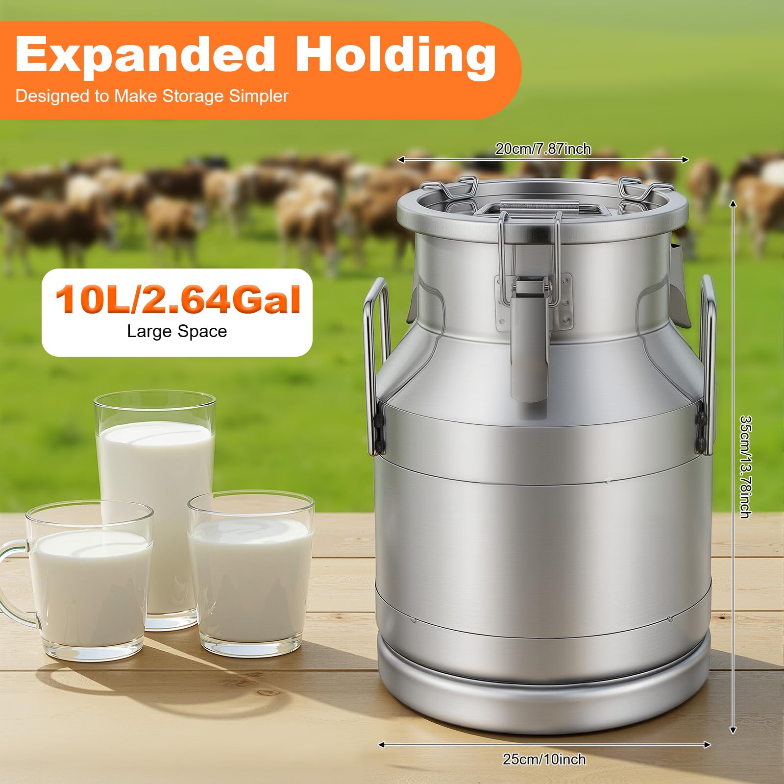 Jarra de leche de acero inoxidable de 10 litros con tapa y asa para guardar arroz, té, hierbas, vinagre, leche, agua, miel