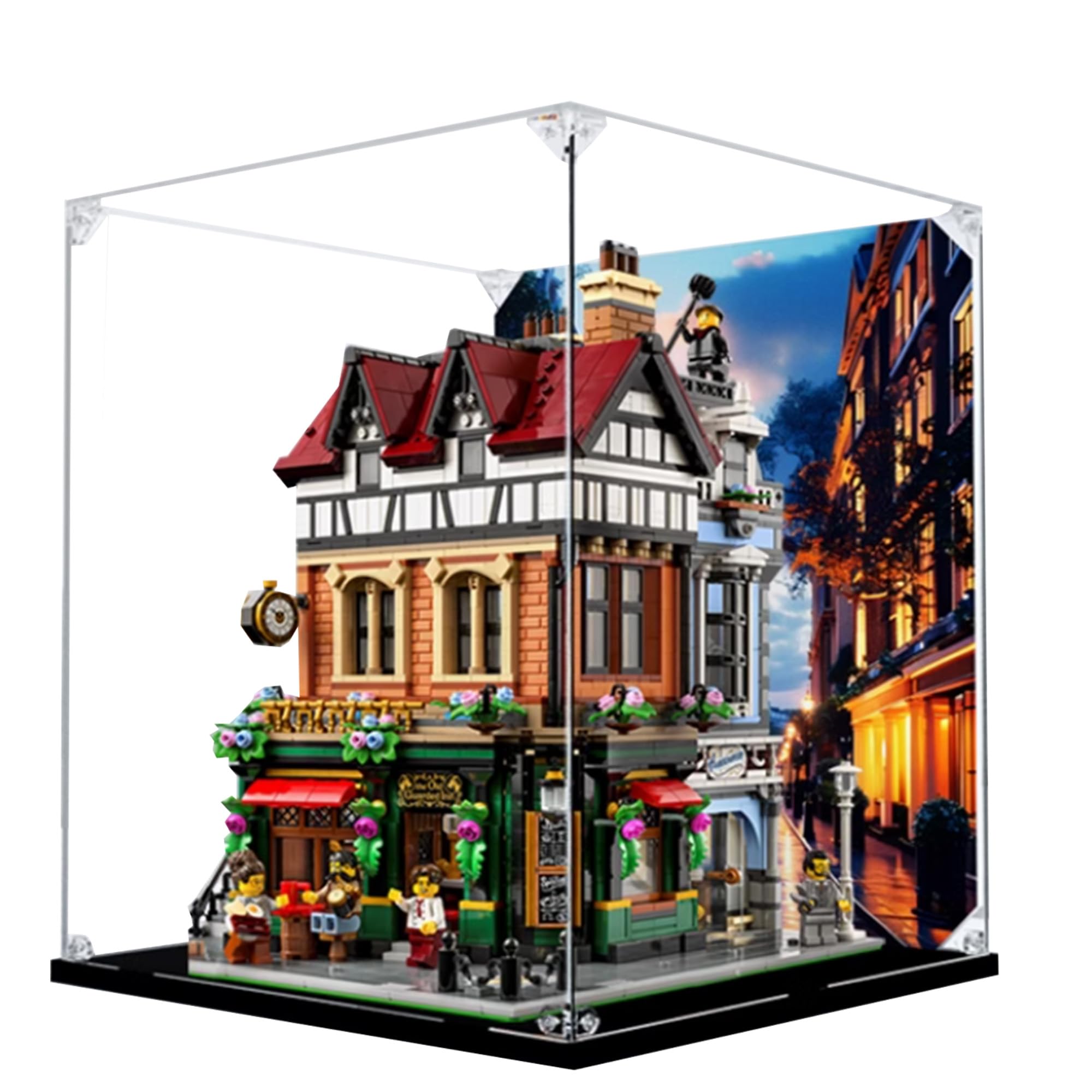 Acrylic Display Case for Lego 10350 British Street Corner Building Set,Clear Display Case, Dust-Proof Display Case Compatible with Lego 10350 (Only Display Case) (Black Base)
