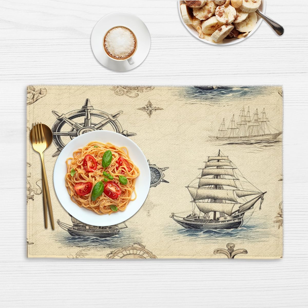 Vintage Nautical Ocean Sailboat Compass Placemats Set of 6 Decorative Dinner Place Mats Washable Table Mat for Gifts, Holiday, Birthday Party, Wedding & Dining