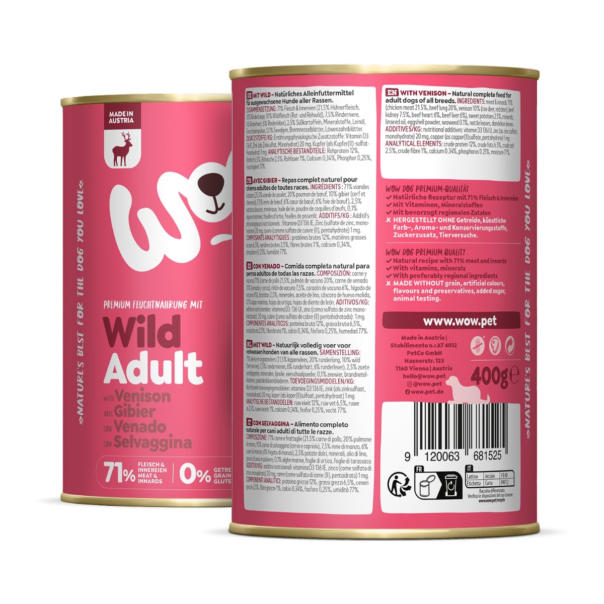 WOW Dog Hunde-Nassfutter mit Wild | Enthält Vitamine und Mineralien, ohne Getreide und Zucker | 400 g / 12er Pack