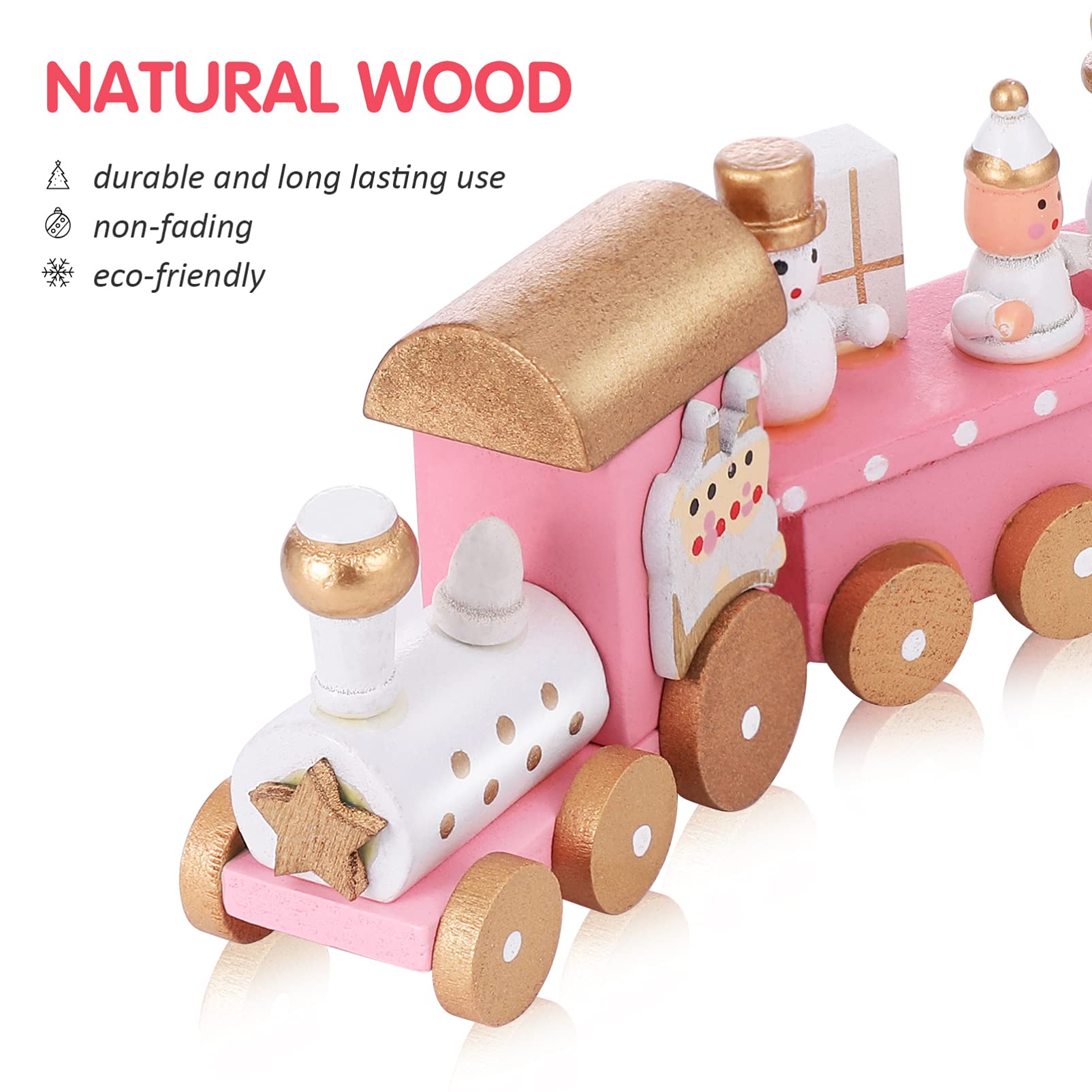 Decoración del hogar, adorno de Santaur, tren de madera de Navidad, mini juguete de tren de 4 secciones con muñeco de nieve y riel de tren, juego de juguetes para niños, decoración de fiesta 8