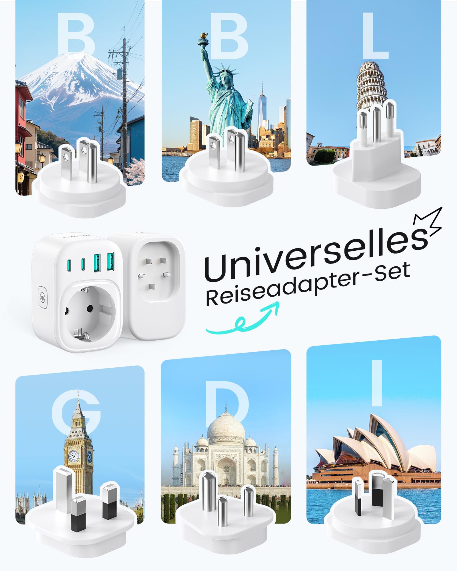 LENCENT Reiseadapter Weltweit Set Typ B, L, D, G, I, Universal Travel Adapter Internationaler Steckdosenadapter für USA England Japan Costa Rica Mexico Thailand Malediven Sri Lanka Australien
