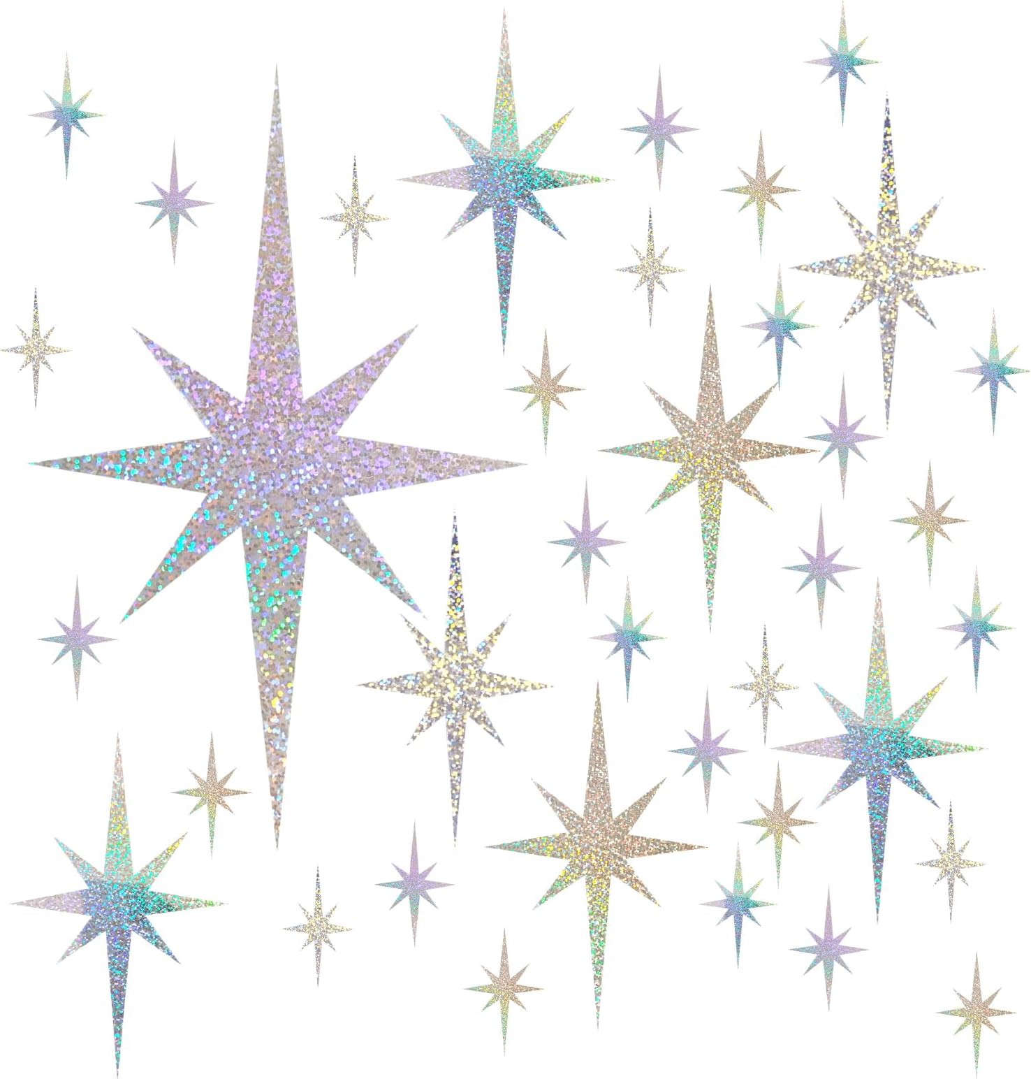 45 Pcs Star Sequined Iridescent Wall Decor, Removable Silver Star Decor 3 Sizes, Holographic Starburst Decor for Dorm Room Wedding Decor Birthday Decorations Room wall Decor(Silver)