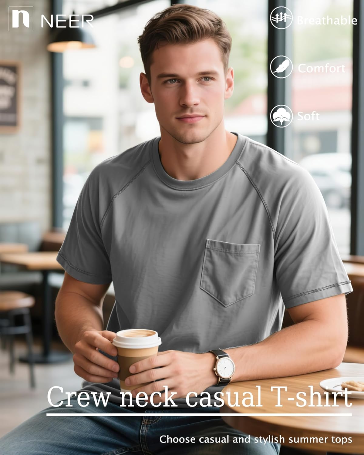 Neer 3 Pack Men's Short Sleeve T-Shirt, Casual Basic Crew Neck Tees Summer Solid Lightweight Shirts Pullover Tops with Pocket - Image 2
