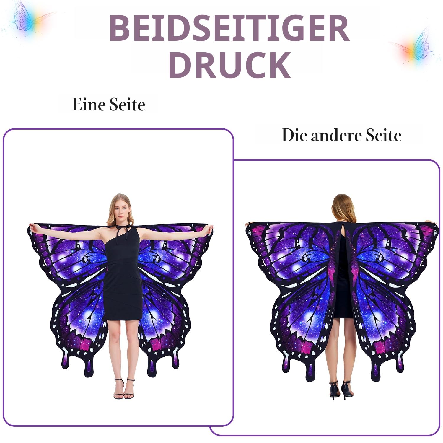 Erwachsene Schmetterlingsflügel, Doppelseitige Erwachsene Feenflügel, Halloween Kostüme für Frauen Bunter Schmetterlingsumhang