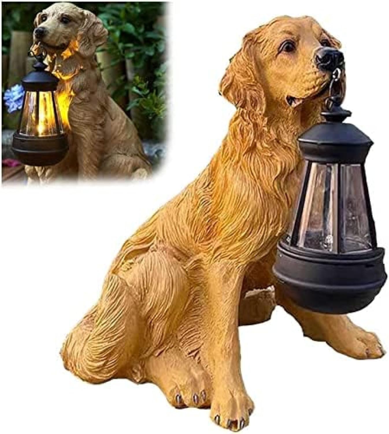 Estatua de perro con linterna, adorno Golden Retriever de resina para exteriores, estatua de jardín realista con luz resistente al viento para iluminación y decoración de jardín