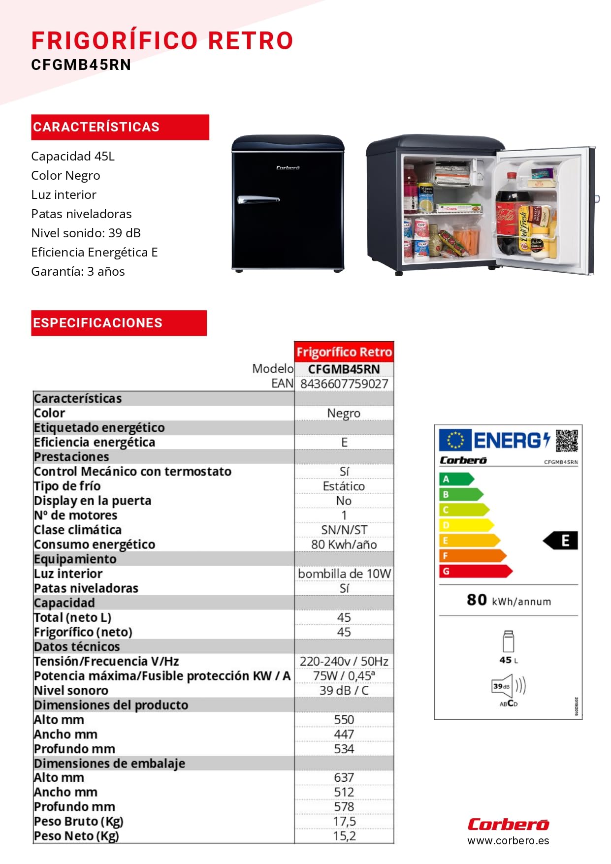 Corberó - Frigorífico Retro Estático | CF1PG45RN | 45L | 55 cm| Luz interior | Patas niveladoras | Negro