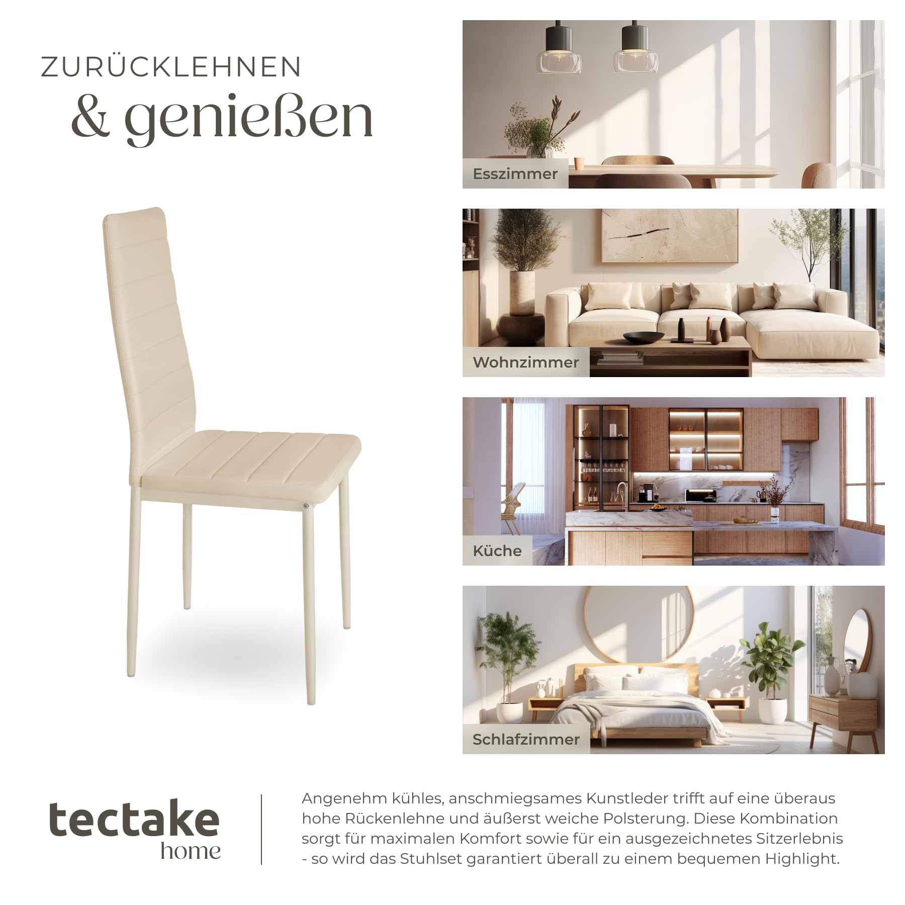 tectake® 4er Set Esszimmerstühle, Stuhl mit hoher Rückenlehne, 45 x 48 x 98,5 cm, Küchenstühle, Stühle für Esstisch, Esszimmer, Dining Table, Vorzimmer Möbel Set gepolstert - beige