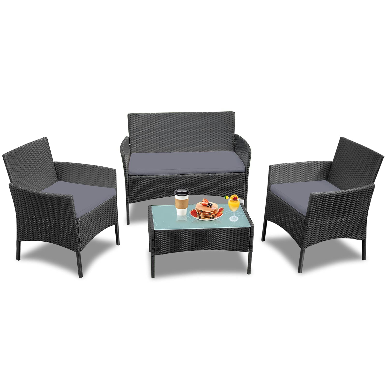 LZQ Gartenmöbel Balkonmöbel-Set Rattan Lounge Polyrattan Tisch MitSofa und 2 Stühlen für Terrasse,Balkon,Garten,Anthrazit