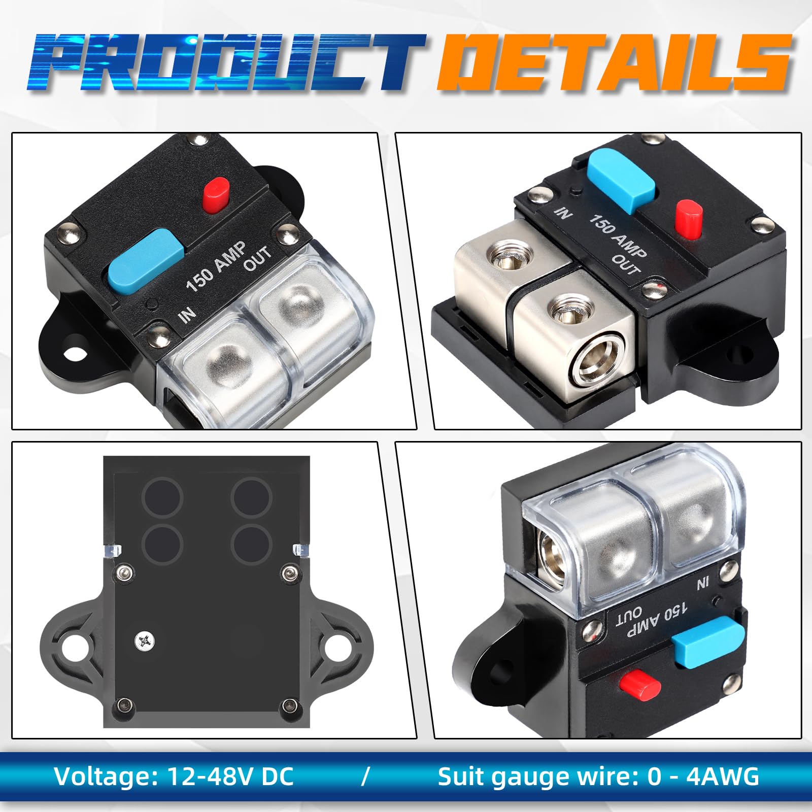 12 V/48 V, resetowany wyłącznik automatyczny, bezpiecznik 150 A, DC 12 V-48 V, wyłącznik ochronny, audio, wodoszczelny, ręczny reset do samochodów osobowych, morskich, kamperów, ciężarówek