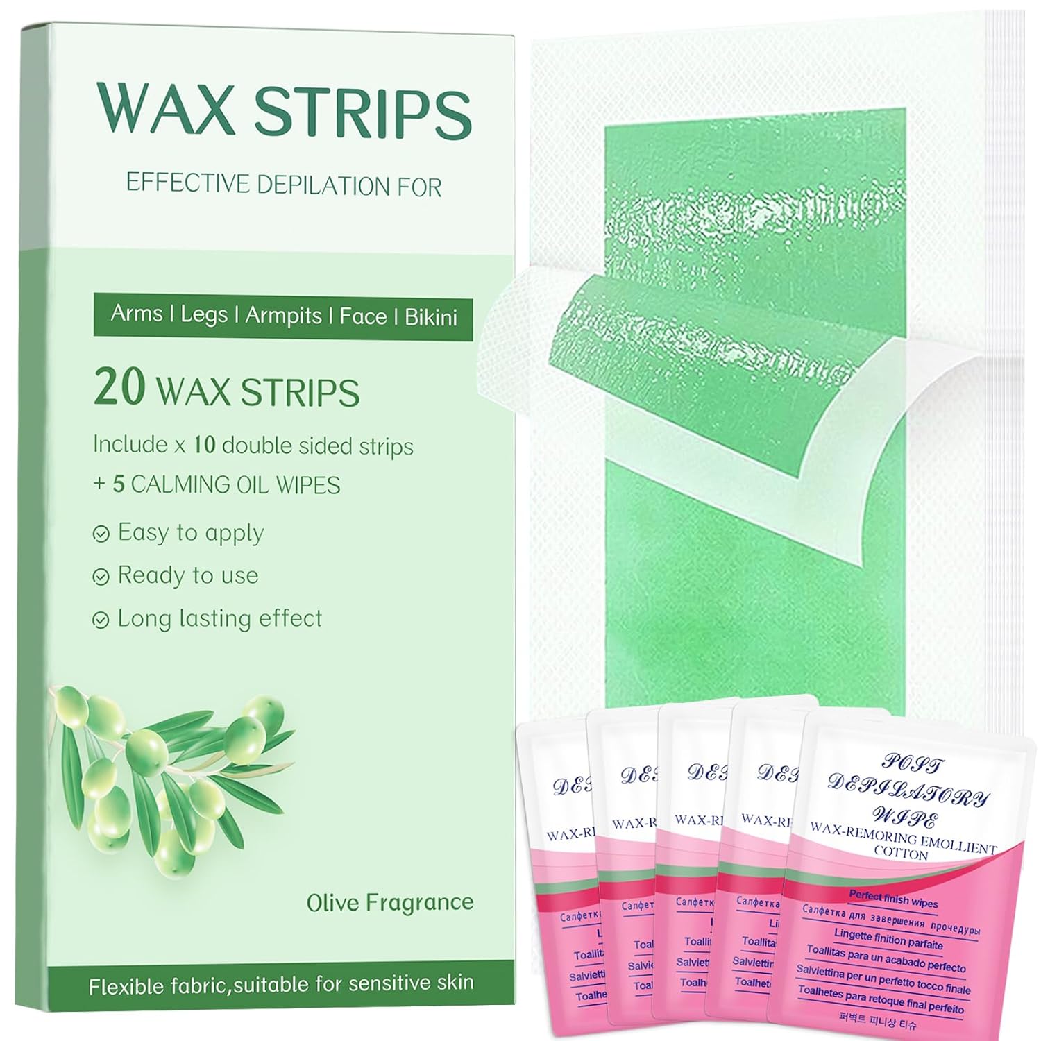 Wax Strips Body – 98% Natural &amp; Hypoallergenic | Face Hair Removal Strips &amp; Waxing Kit for Women | No-Heat Solution for Arms, Legs, Bikini, Brazilian | Safe for All Skin Types | 20 Pieces