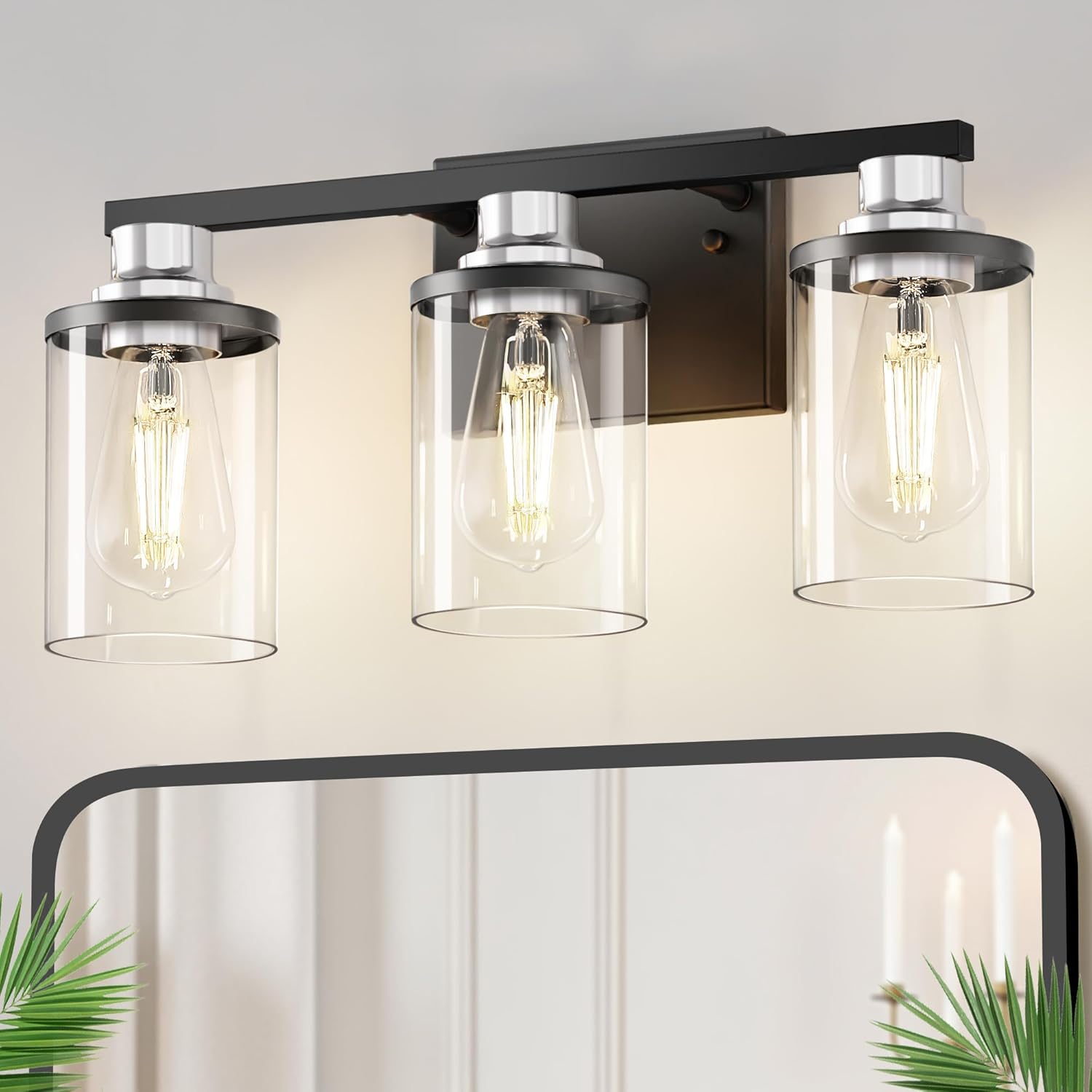 DORESshop 20 Inch Bathroom Light Fixtures, 3-Light Black Bathroom Lighting Fixtures Over Mirror with Clear Glass Shade, Vanity Lights for Bathroom Living Room Bedroom, ETL Listed