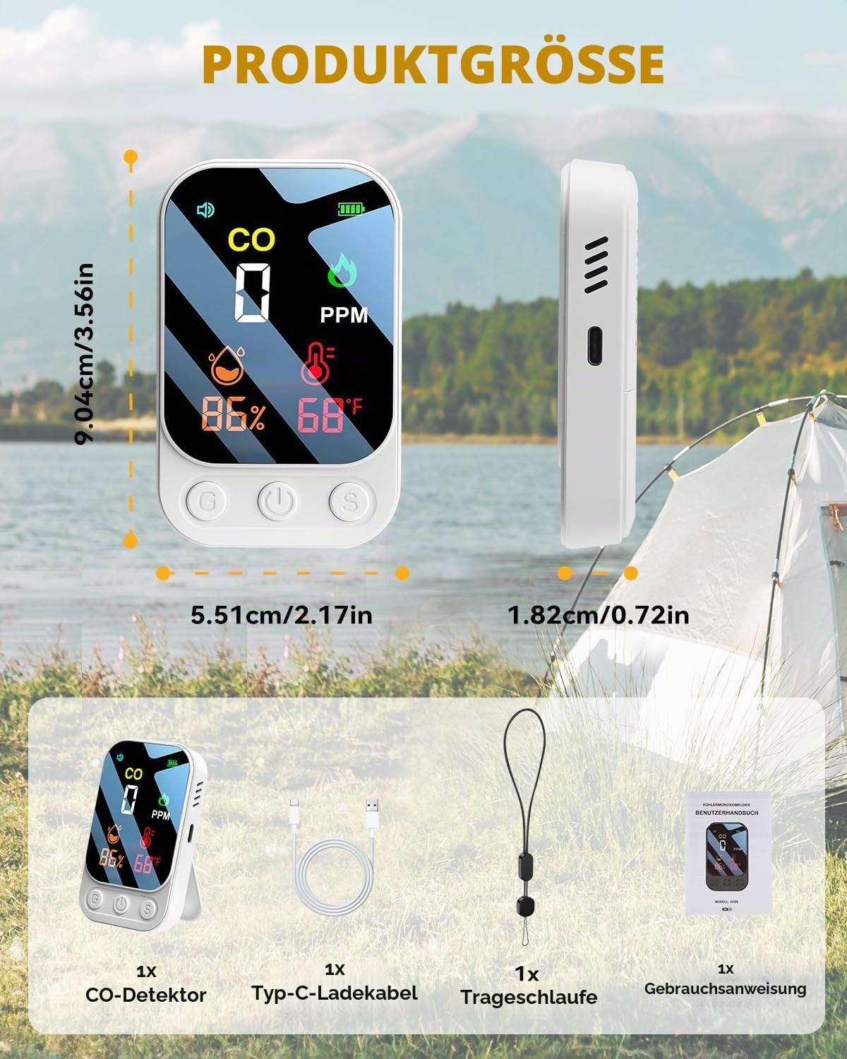 3 in 1 Kohlenmonoxid Melder Co Messgerät Co Melder Zum Mitnehmen Mit Temperatur Luftfeuchtigkeit Akustischer und Optischer Alarm 168 Stunden Standby für Reisen Zelt Camping Wohnmobil