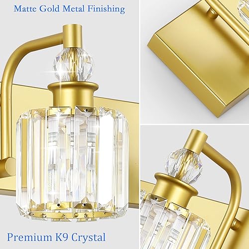 Miniatura 7 de Ralbay Lámpara de tocador de cristal, 3 luces de tocador de baño de cristal dorado claro sobre espejo moderno dorado