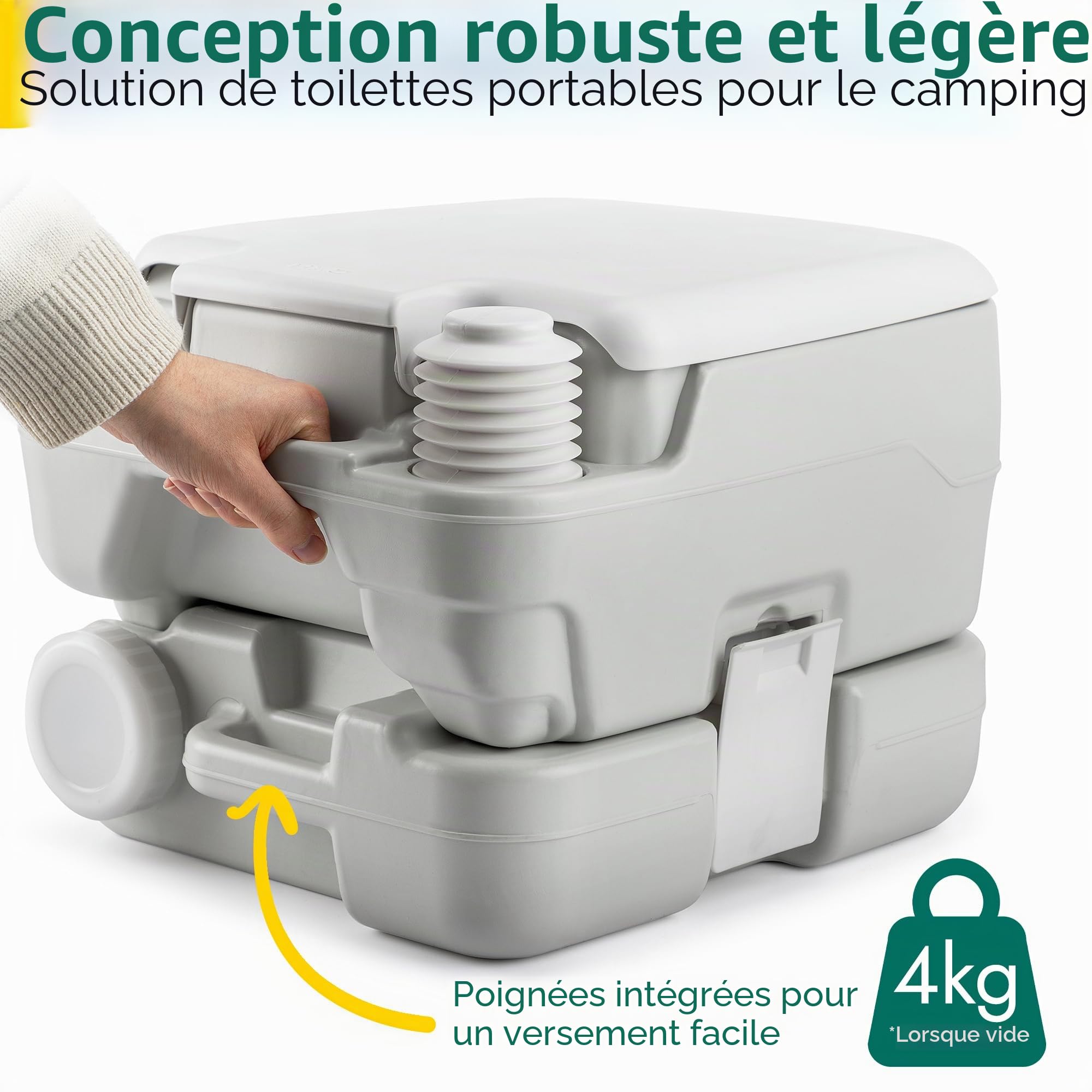 Trail Toilette Portable, Toilette Camping avec Chasse d'Eau et Grand Réservoir Détachable (10 L/20 L), Vanne à Guillotine Hygiénique Avec Double Joint pour Prévenir les Odeurs
