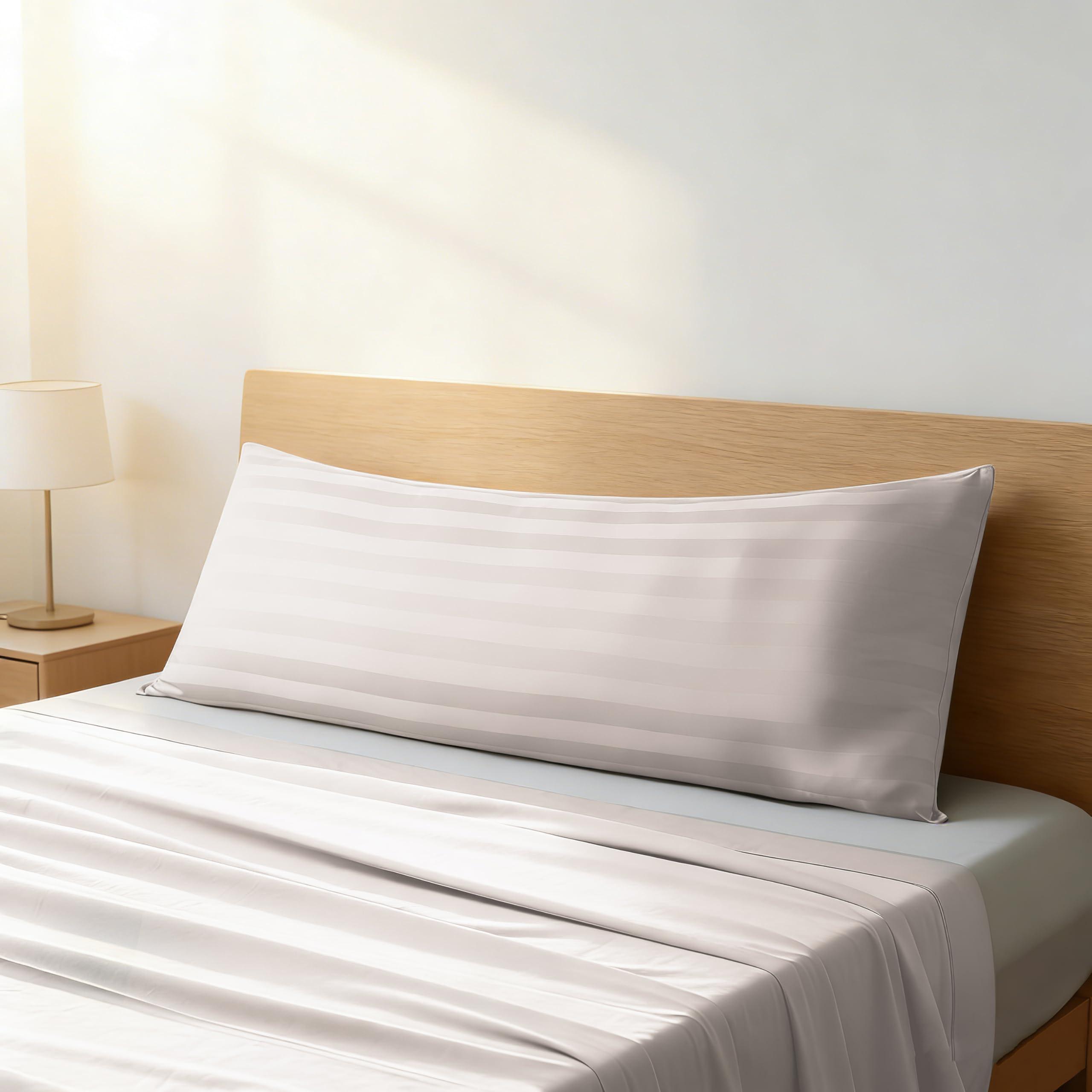 100% Egyptian Cotton Body Pillow Cover Long Pillow Case 600 Thread Count | Bed Pillow Protector with Zipper, Sateen Weave Cooling Full Body Pillowcase for Adults 20x54 Inches 1PC, Striped Light Beige