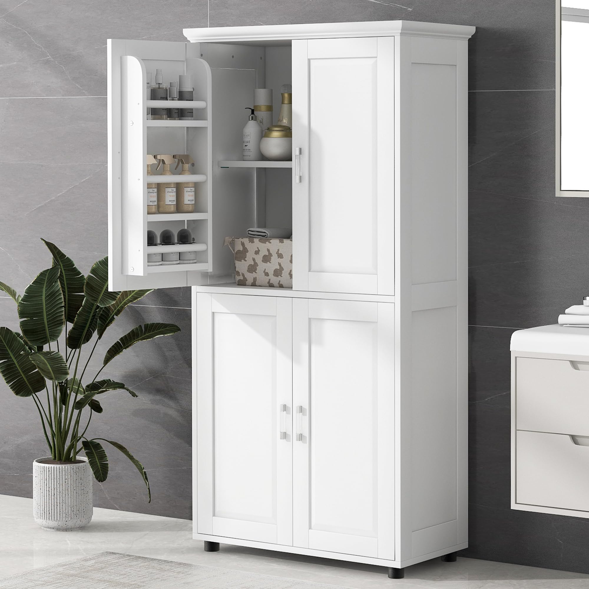 Tall & Wide Bathroom Storage Cabinet, Freestanding 4-Door Unit with Adjustable Shelves, White| Bathroom Organizer | Wall Mountable