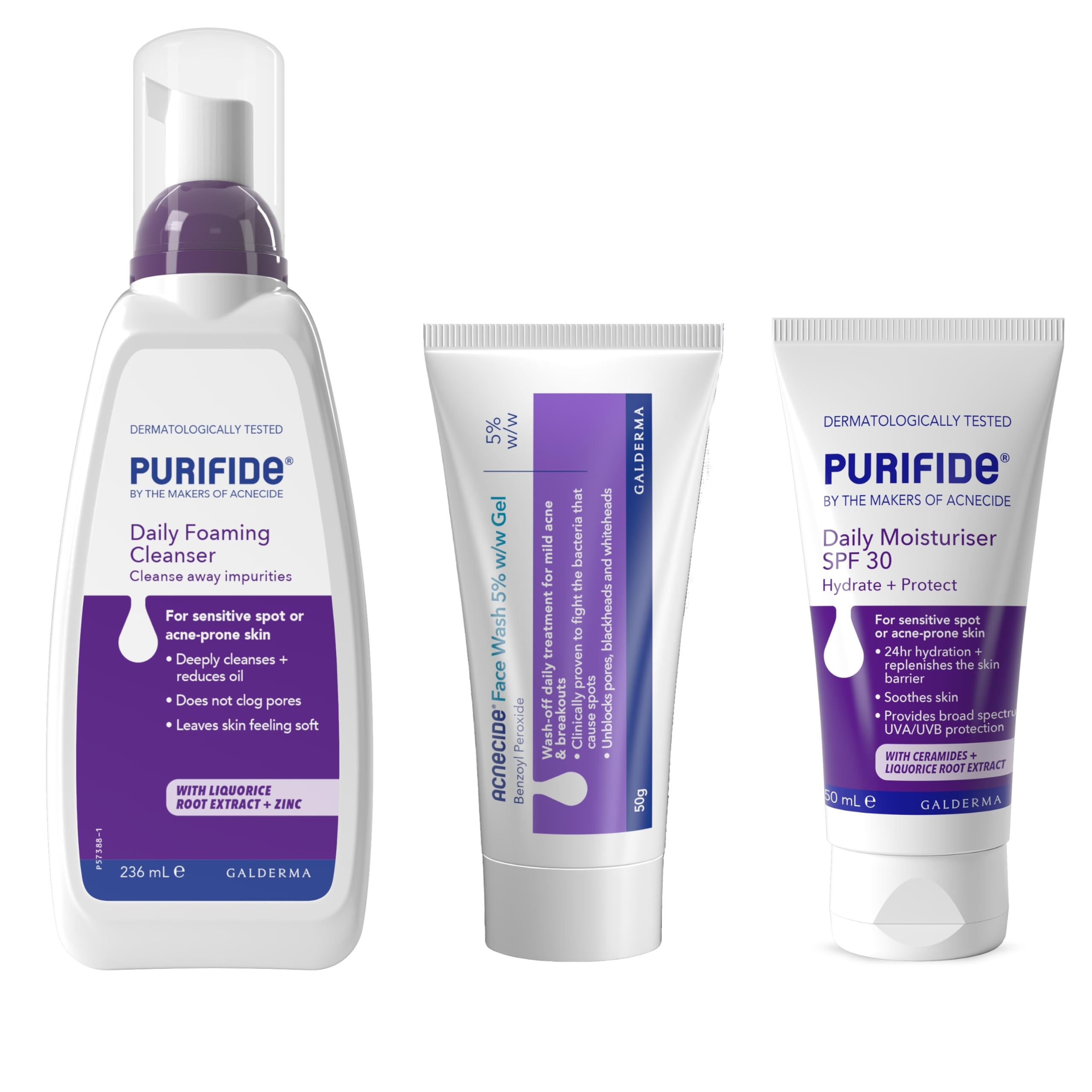 Acnecide + Purifide Double Cleanse Skincare Set, with Acnecide Face Wash Gel for Blackheads & Acne Prone Skin(50g), Purifide SPF 30 Moisturiser (50ml) + Daily Cleanser (235ml)
